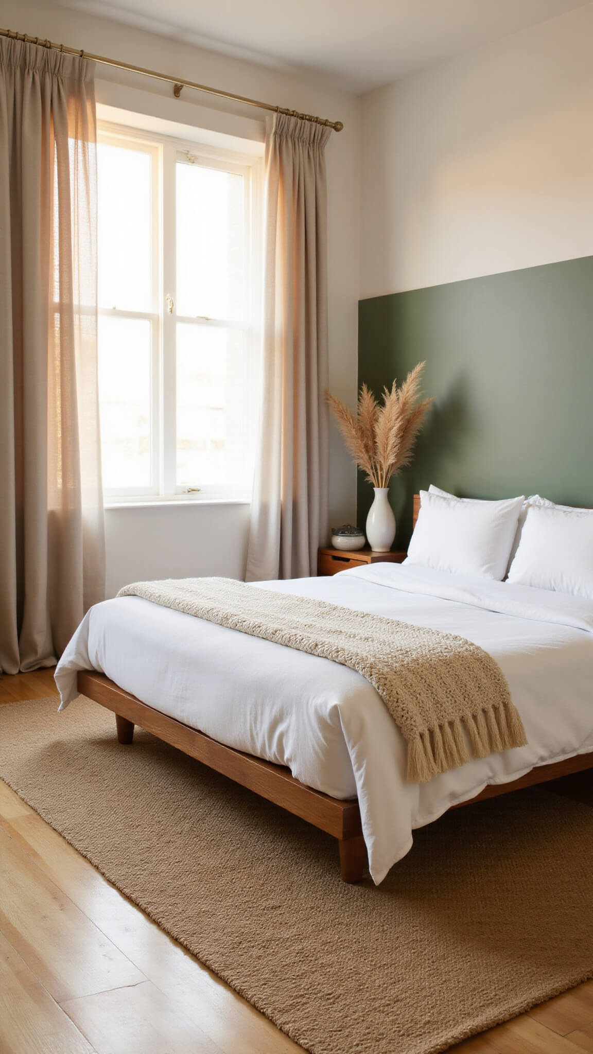 Sunlit minimalist bedroom with walnut platform bed, white bedding, pampas grass decor, sage green accent wall, and jute rug on oak floors.