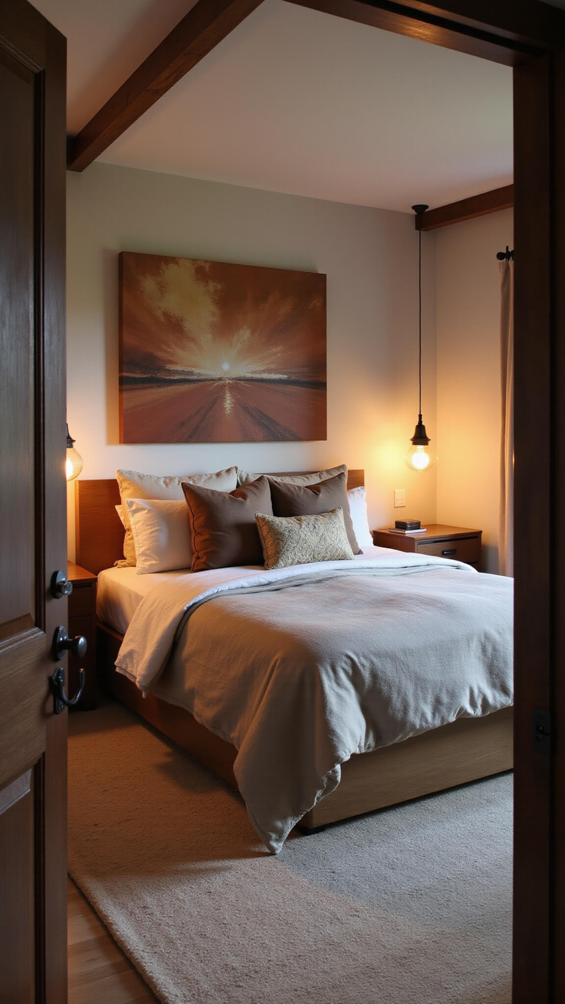 Dusk-lit 16x18ft bedroom with California king bed, earth-toned linens and pillows, abstract clay-toned artwork above floating wood headboard, ceramic pendant lights glowing warmly.