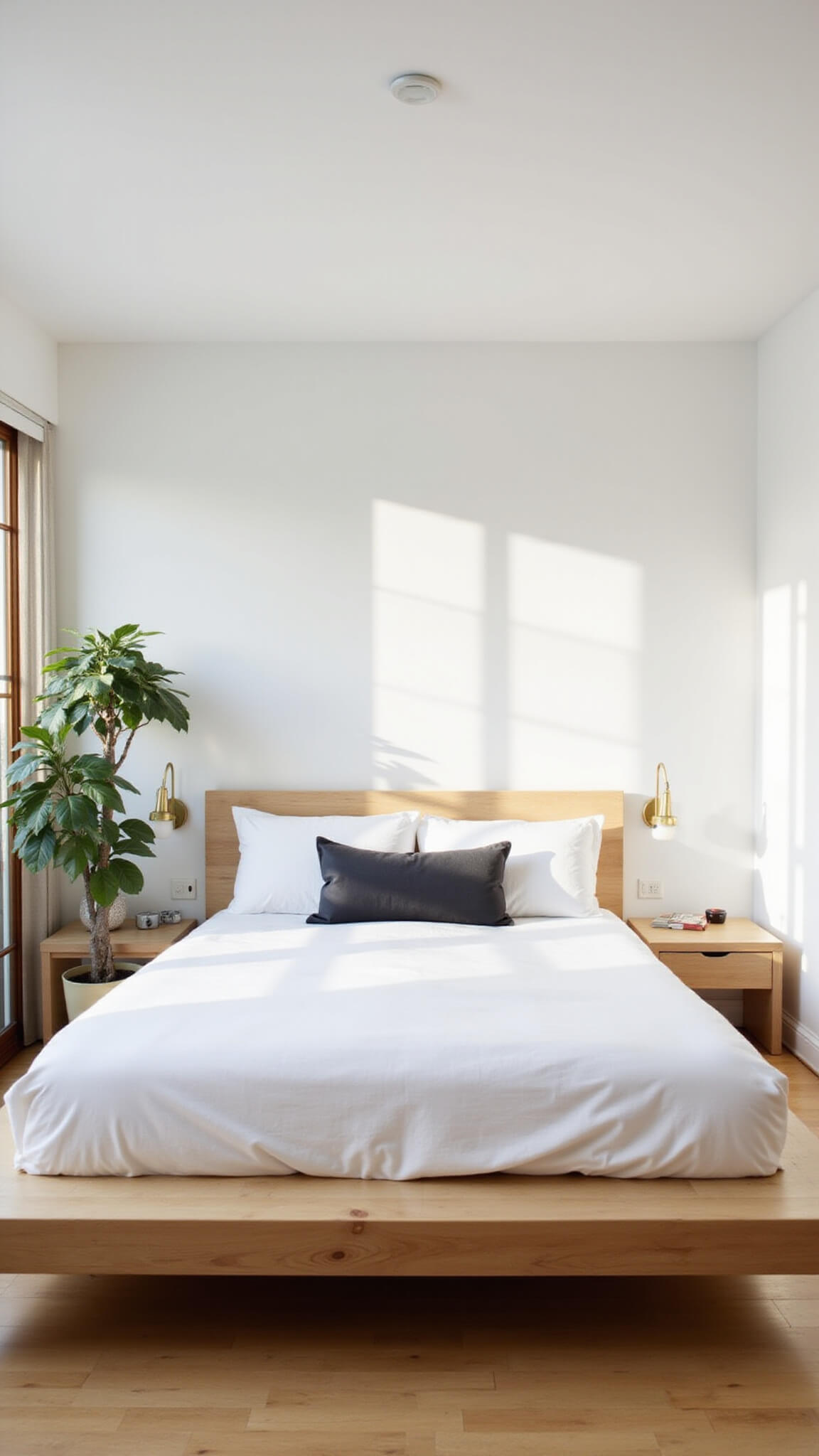Minimalist zen bedroom with shoji screens, platform bed, fiddle leaf fig, and soft natural lighting.