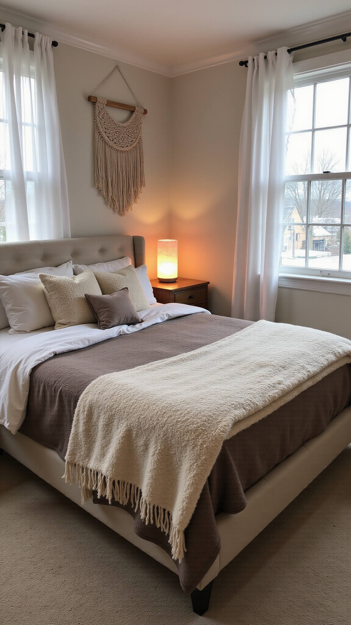 Cozy winter bedroom with upholstered bed between curtained windows, layered neutral throws, salt lamp glow, and macramé wall art during blue hour.