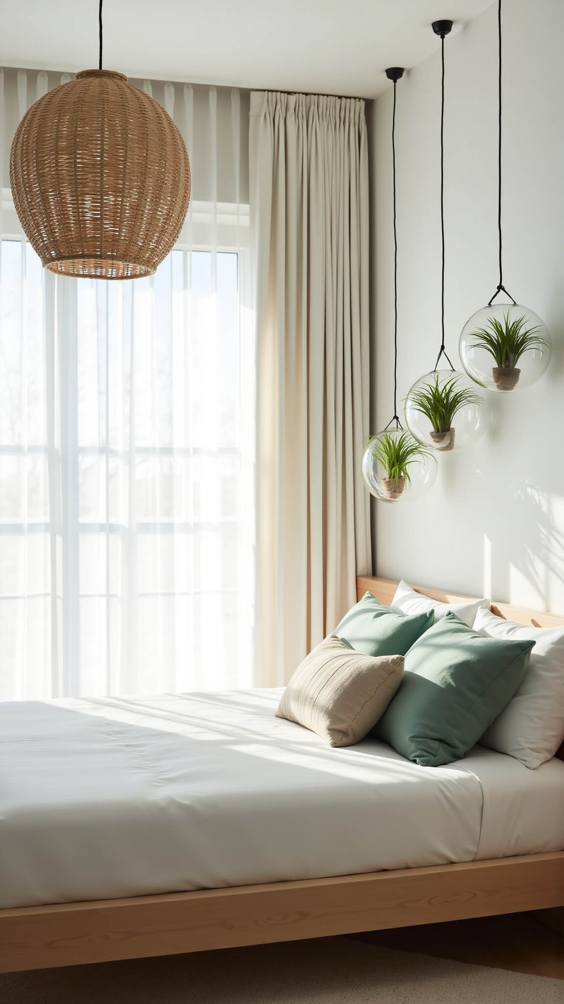 Minimalist 14x16ft bedroom bathed in summer morning light with white linens, light ash platform bed, sage accent pillow, rattan pendant, and hanging glass orbs with air plants.