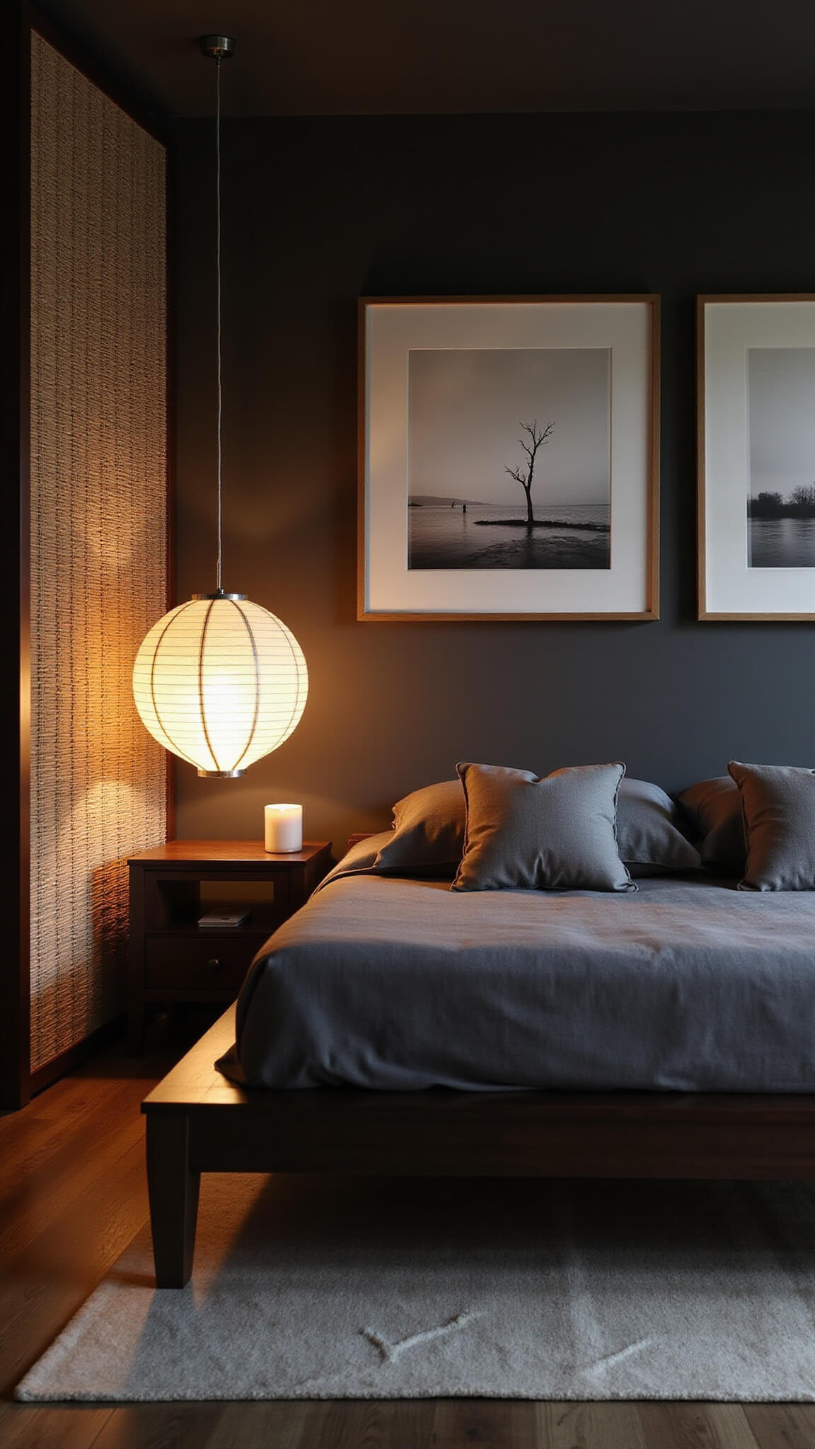 Zen sanctuary at twilight with low ebonized oak bed, charcoal linens, ivory accents, rice paper lantern glow, bamboo screen shadows, and black-and-white nature photos.