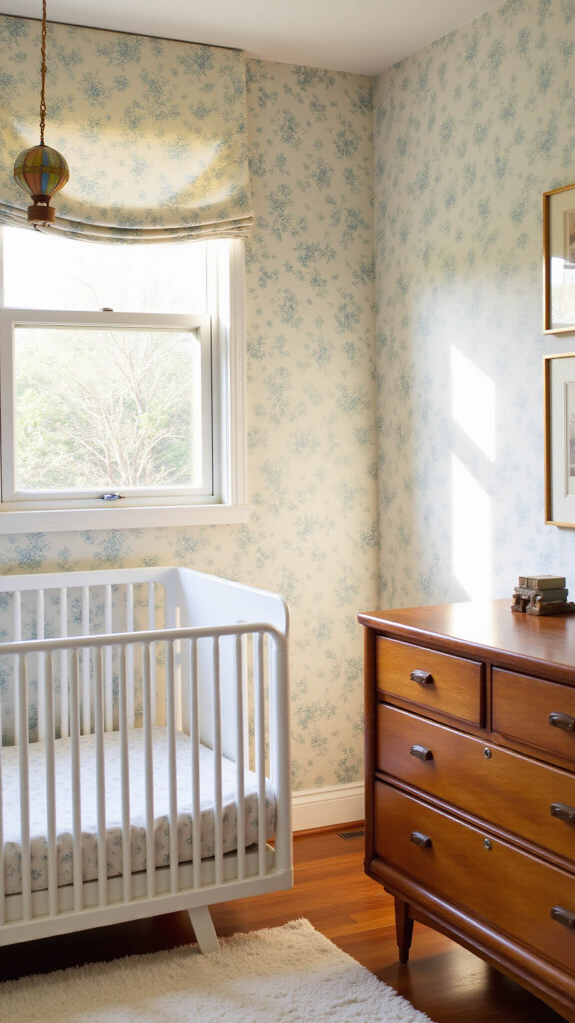 Cozy nursery with acrylic crib, teak dresser, vintage balloon mobile, and chinoiserie wallpaper bathed in golden hour light.