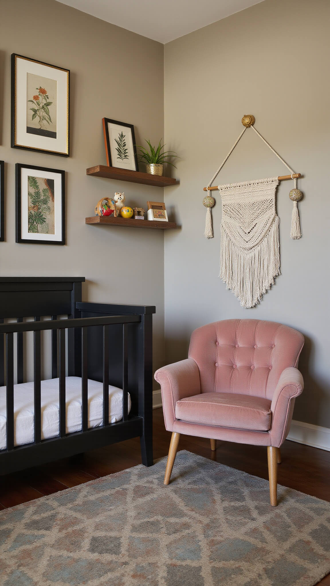 Eclectic nursery nook with matte black crib, blush pink velvet armchair, gallery wall of art in brass frames, macramé wall hanging, floating shelves with vintage toys, and warm greige walls under soft directional lighting.