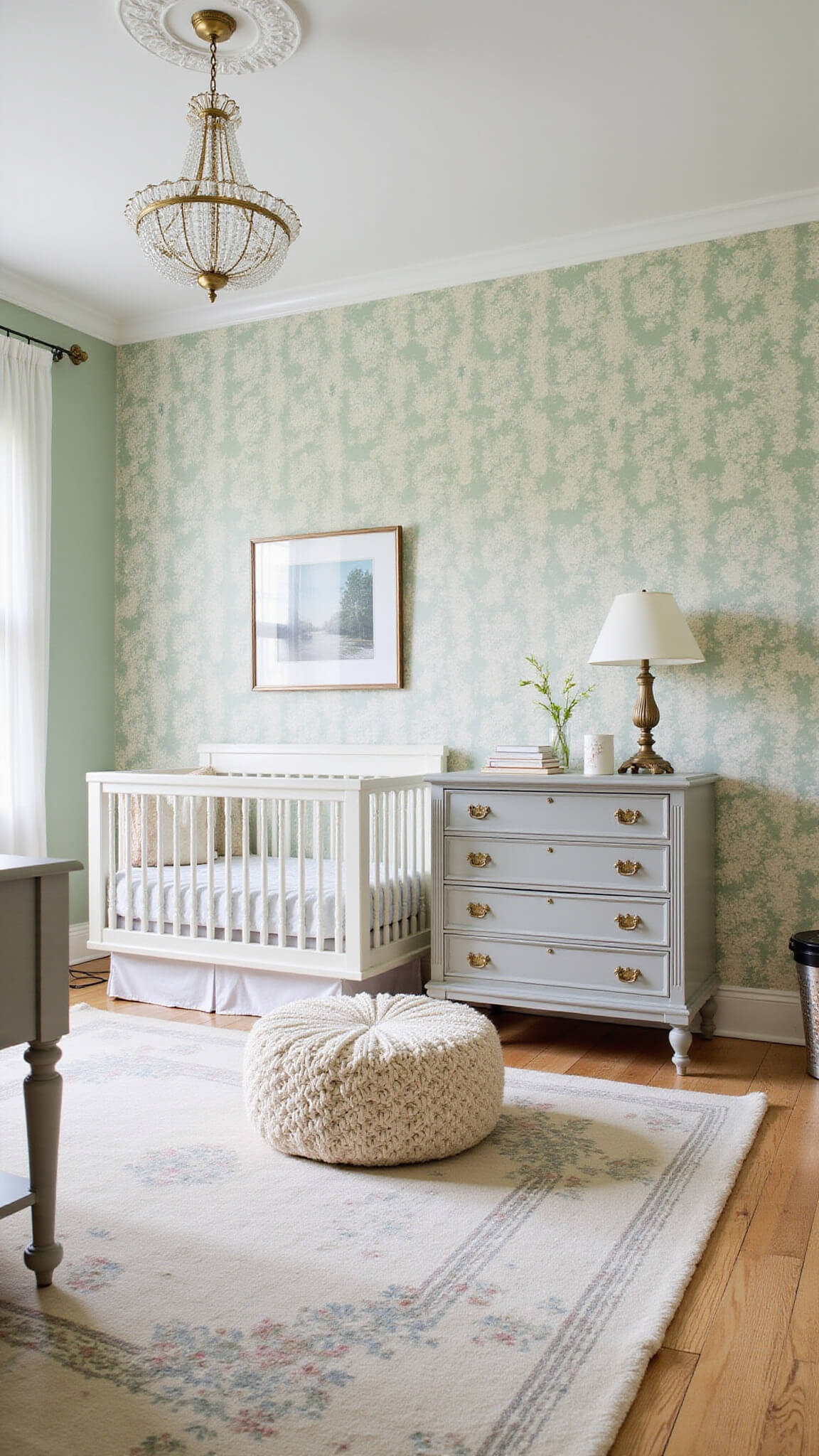 Elegant 14x16ft nursery with vintage floral wallpaper, modern oval crib, crystal chandelier, gray Victorian dresser, cream knit pouf, lucite side table, and layered pastel rugs in soft natural light.