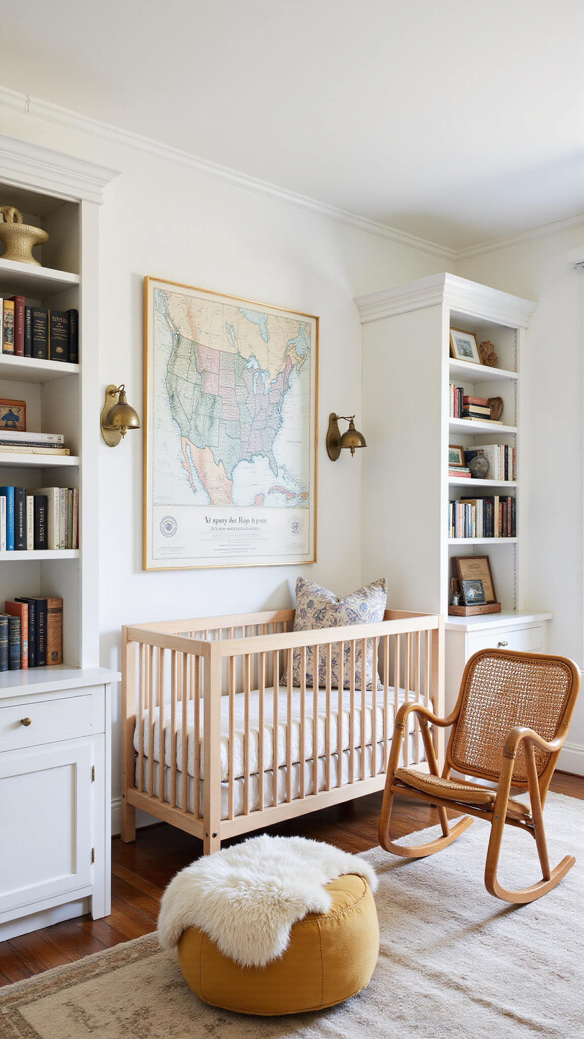 Modern nursery with high ceilings, minimalist bleached oak crib, vintage rattan rocker, warm white built-ins, antique decor, oversized vintage map artwork, brass sconces, Mongolian wool ottoman, and limestone white walls with picture rail detailing.