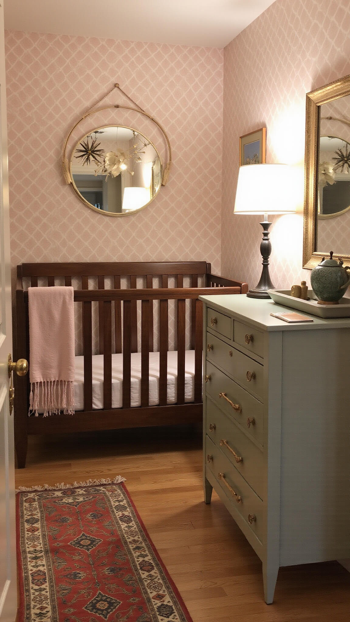 Cozy 11x13ft nursery at twilight with mid-century modern walnut crib, sage green vintage dresser, blush geometric wallpaper, Persian runner, and warm ambient lighting.