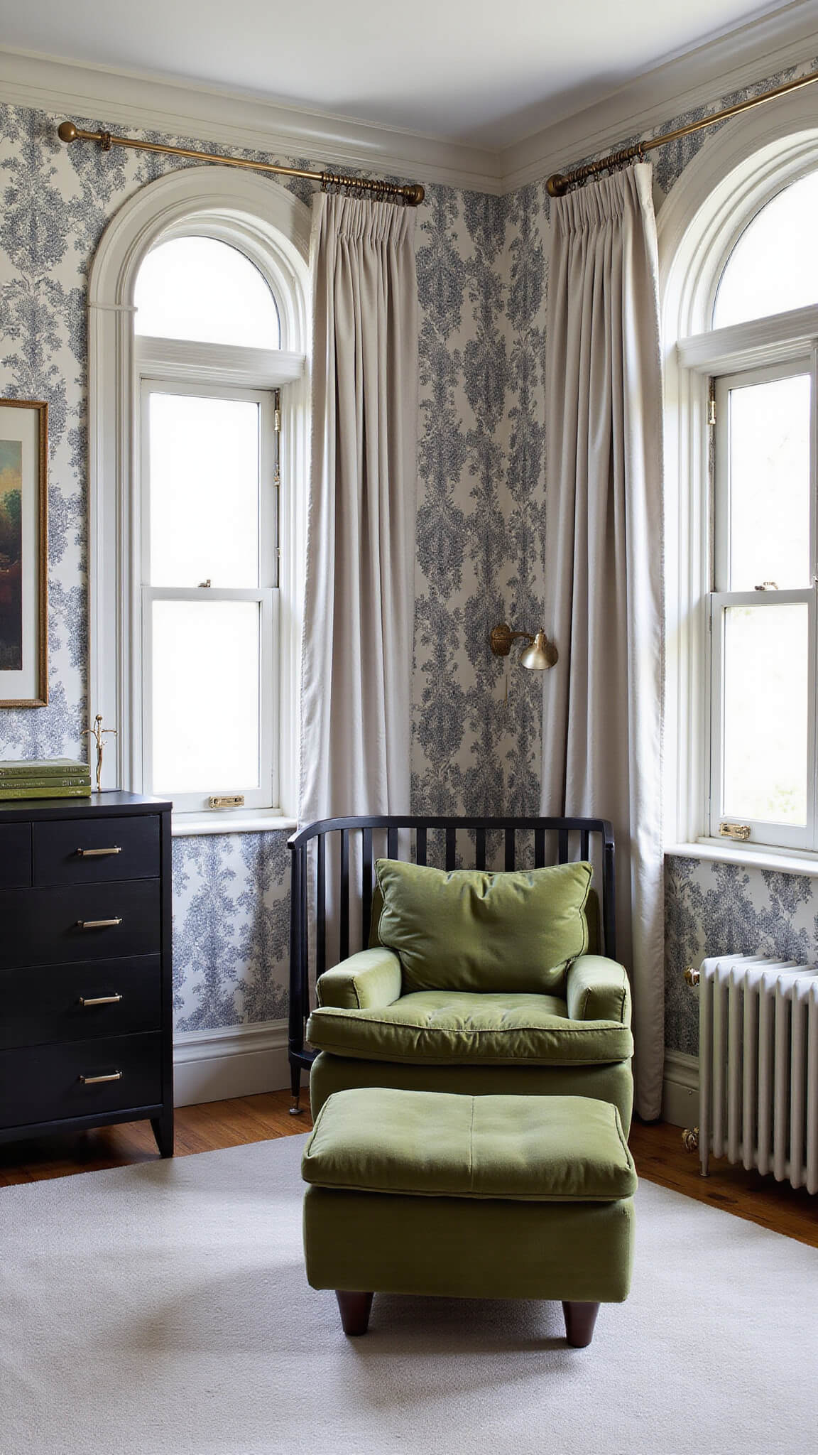 Bold vintage modern nursery with arched windows, black crib, toile wallpaper, vintage dresser, lucite shelves, moss green velvet glider, and layered textures in dramatic lighting.