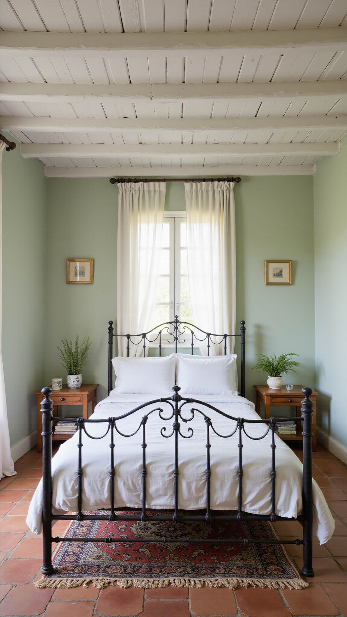 Mediterranean-style bedroom with terracotta tile flooring, sage green lime-washed walls, white linen bed, olive wood side tables, and vintage kilim rug under natural afternoon light.