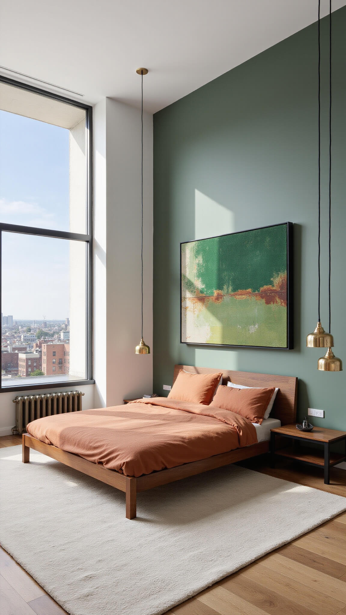 Elevated view of modern urban bedroom with sage green accent wall, terracotta bedding on walnut platform bed, floor-to-ceiling windows, brass pendant lights, and abstract art.