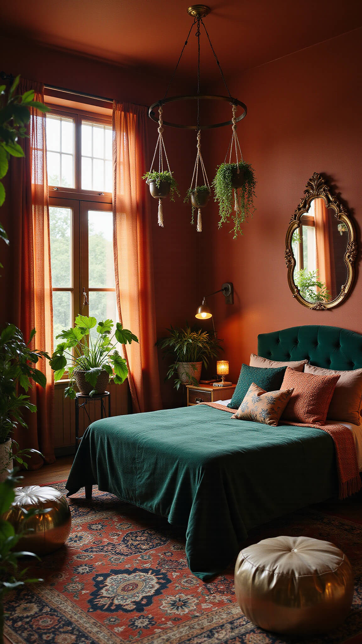 Bohemian bedroom with terracotta walls, emerald headboard, vintage textiles, and golden hour light on a Persian rug.