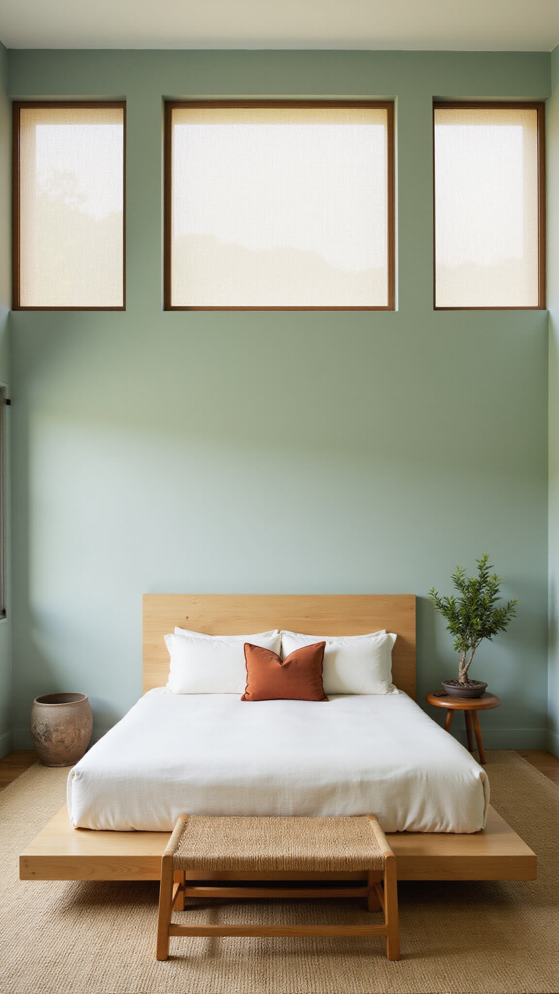 Zen-style bedroom with sage green walls, platform bed in terracotta and cream linens, bonsai focal point, and morning light filtering through rice paper screens.