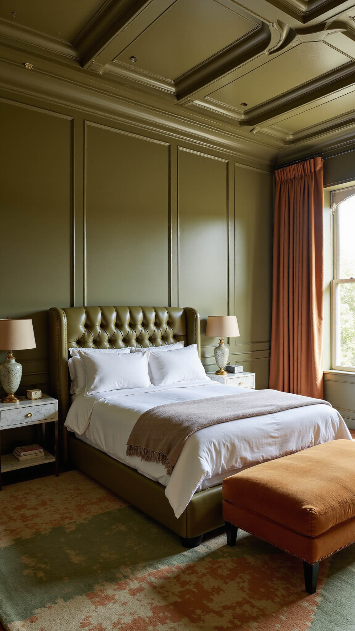 Wide-angle view of a luxurious 16x20ft transitional bedroom with olive green paneled walls, coffered ceiling with brass inlays, terracotta velvet chaise, moss green leather tufted headboard, and vintage overdyed rug.