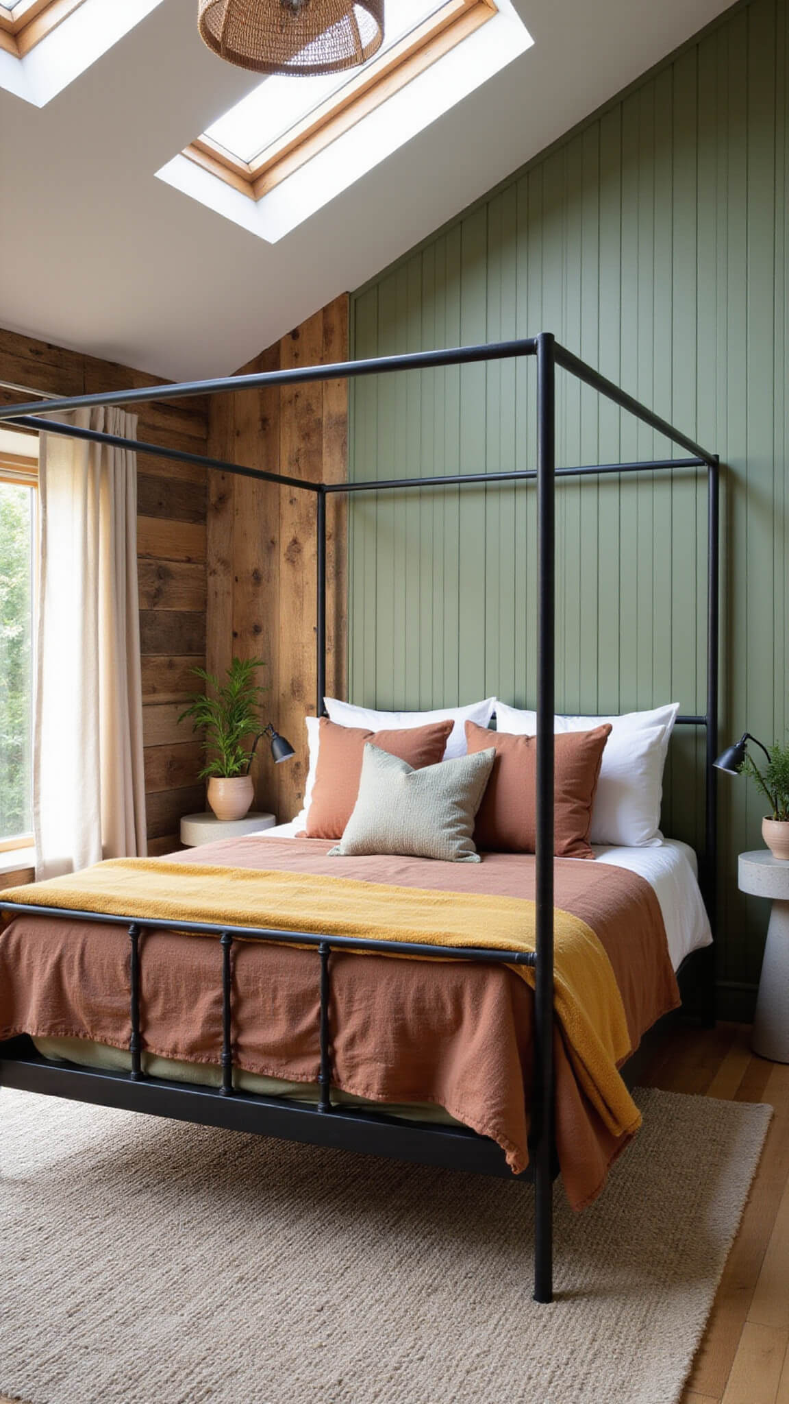 Rustic-modern 14x16ft bedroom with reclaimed wood and sage shiplap walls, iron canopy bed in terracotta and olive linens, concrete side tables, chunky wool rug, and golden hour natural lighting.