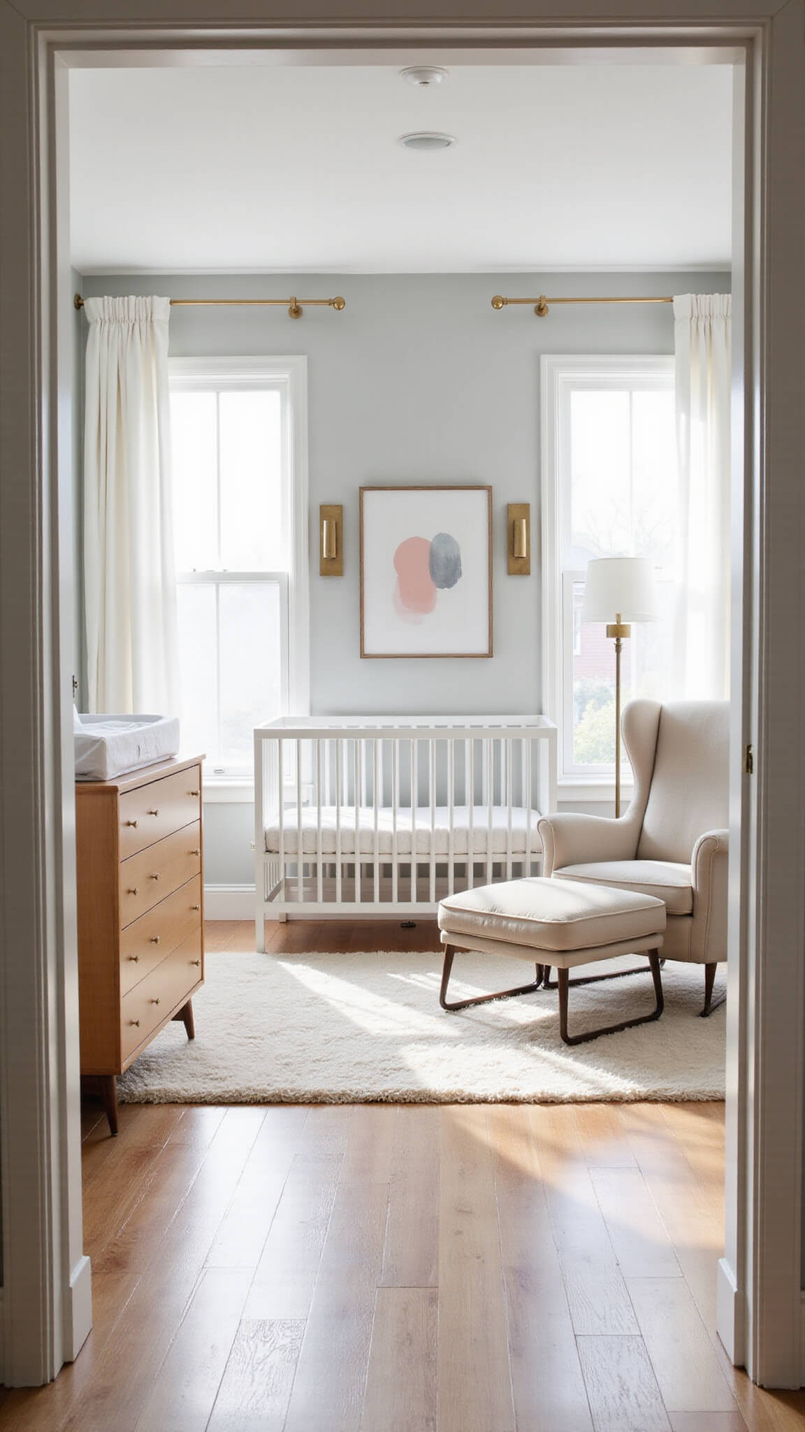 Modern minimalist nursery with white crib, natural light, brass accents, and soft neutral decor.