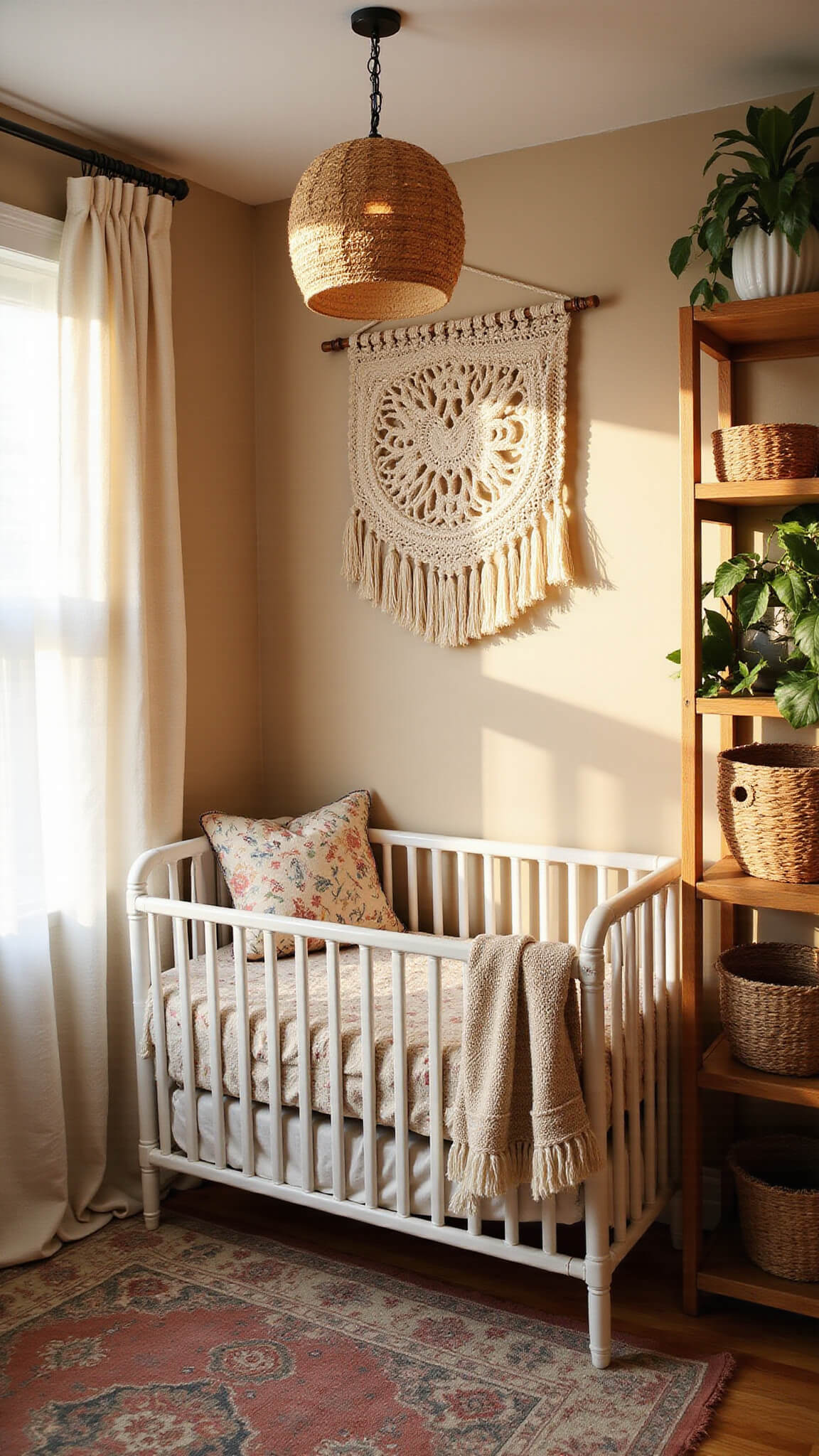 Bohemian nursery with vintage crib, macramé wall hanging, layered textiles, rattan light, Persian rug, and cozy nursing corner at golden hour.