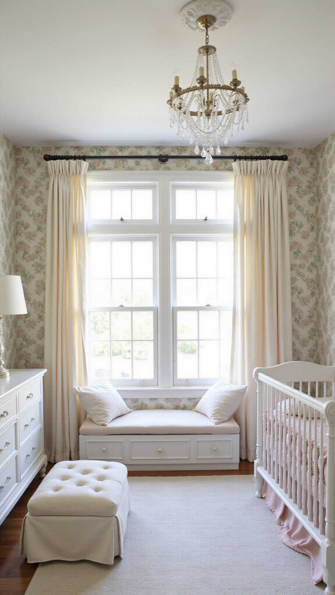 Elegant traditional nursery with white crib, floral wallpaper, crystal chandelier, and cream tufted ottoman in soft morning light.