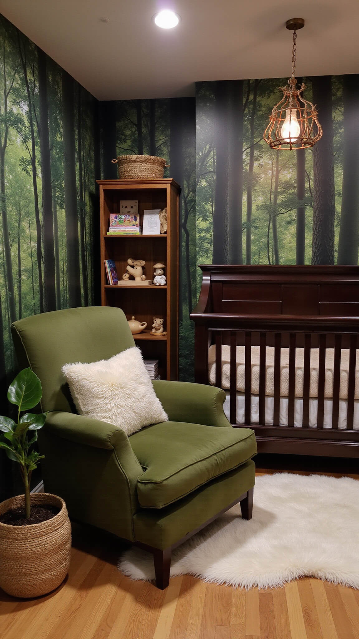 Woodland-themed nursery at dusk with dark wood crib, forest mural wall, green velvet glider, fiddle leaf fig, natural pendant light, sheepskin rugs, pine bookshelf, and glowing mushroom night light.