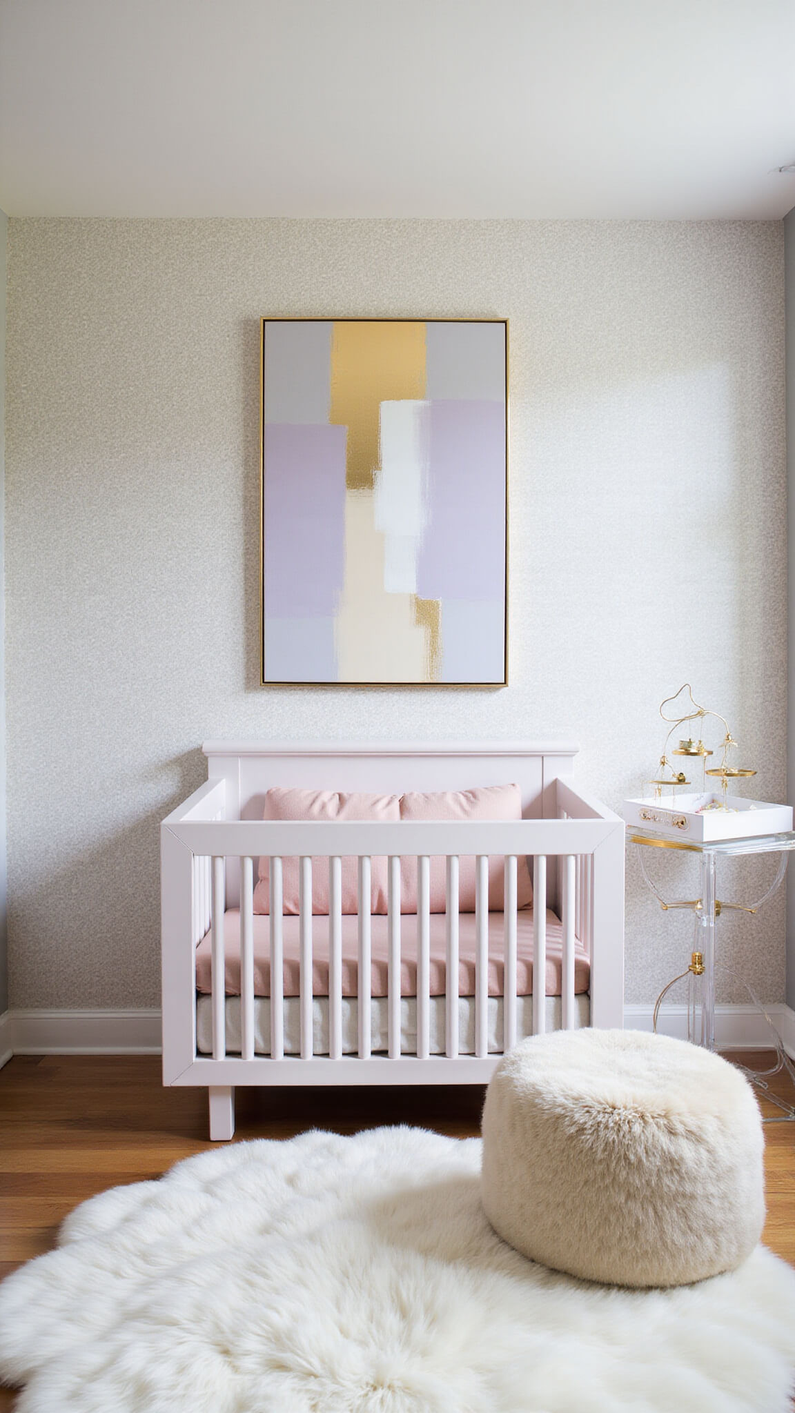 Modern 13x15ft nursery with acrylic crib, blush bedding, geometric wallpaper, lucite and gold changing table, Mongolian fur ottoman, abstract lavender and gold artwork, metallic mobile, and white high-pile rug in soft afternoon light.
