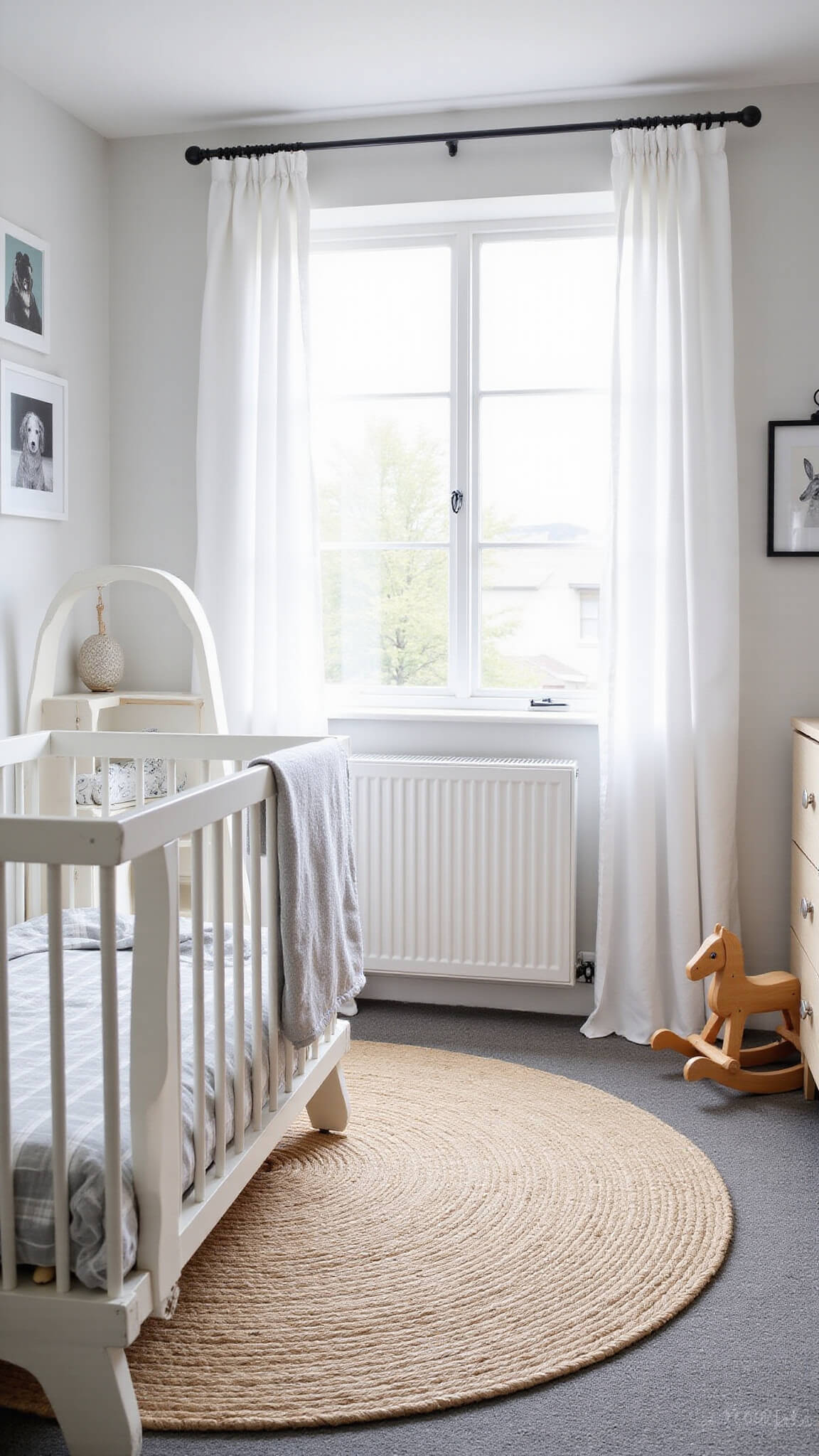 Scandinavian-style nursery with white crib, pale wood dresser, black and white animal prints, jute rug on grey carpet, and soft morning light.