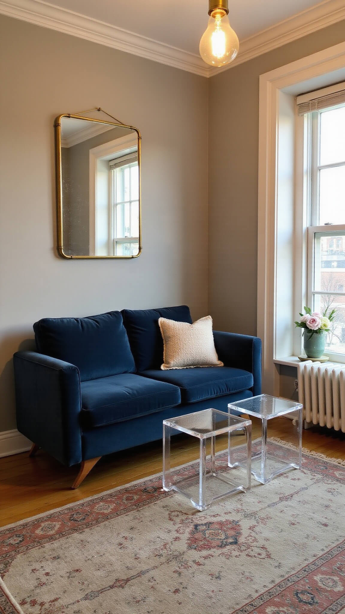 Cozy 10x12 living room at golden hour with navy velvet sofa, lucite nesting tables, brass-framed mirror, vintage Persian rug, and ambient pendant lighting in soft greige walls.