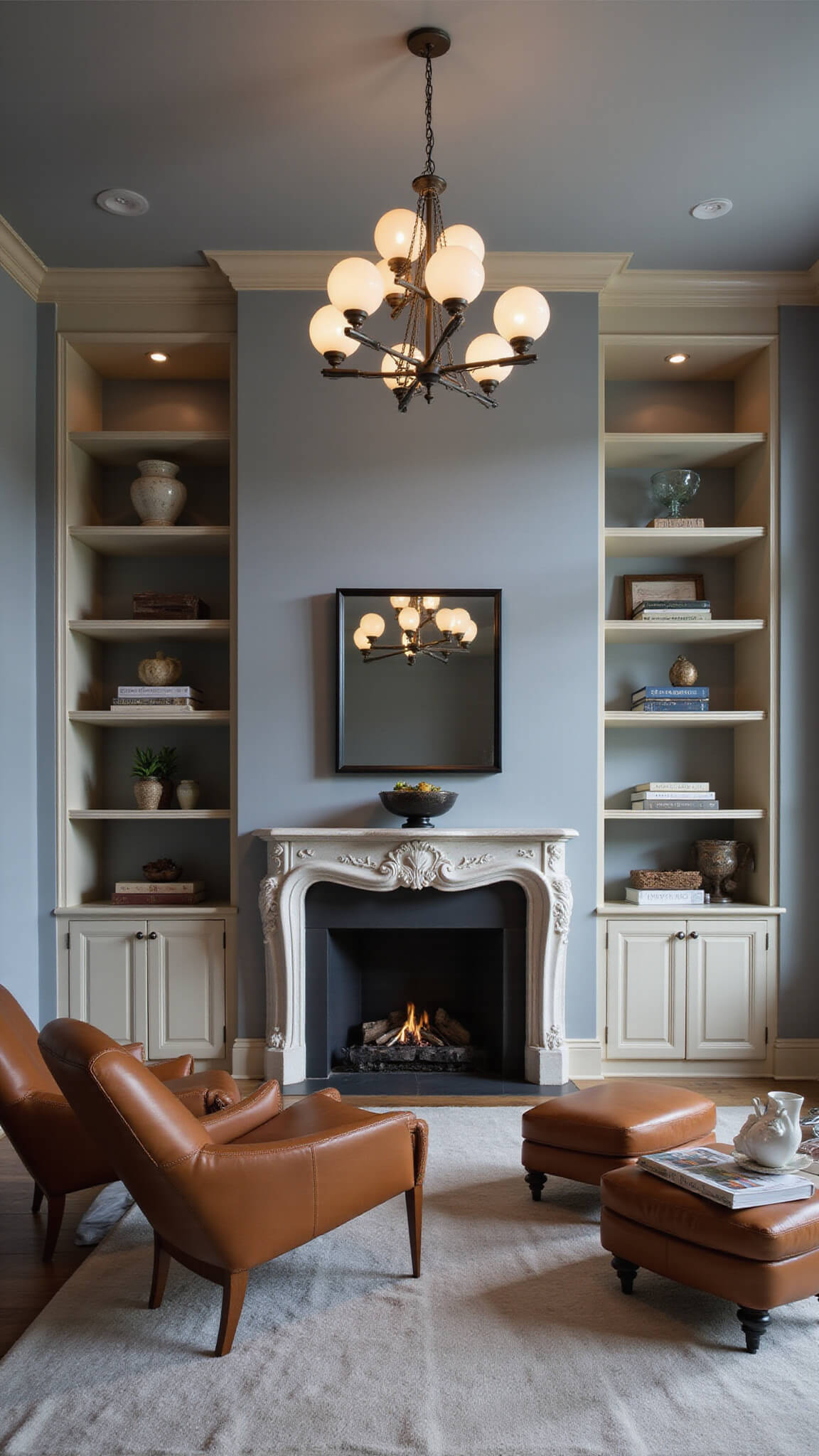 Contemporary 11x13 living room in warm gray and ivory, with dramatic glass globe chandelier, full-height built-in shelving, mid-century leather chair, and layered lighting at blue hour.