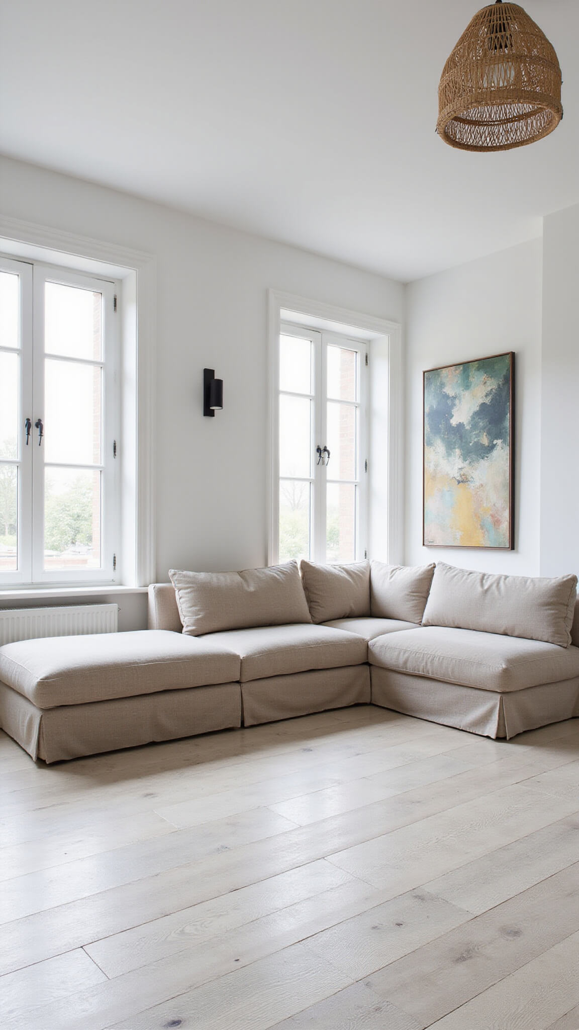 Scandinavian-style living room with oatmeal modular sectional, abstract wall art, rattan pendant, and white oak floors in diffused afternoon light.