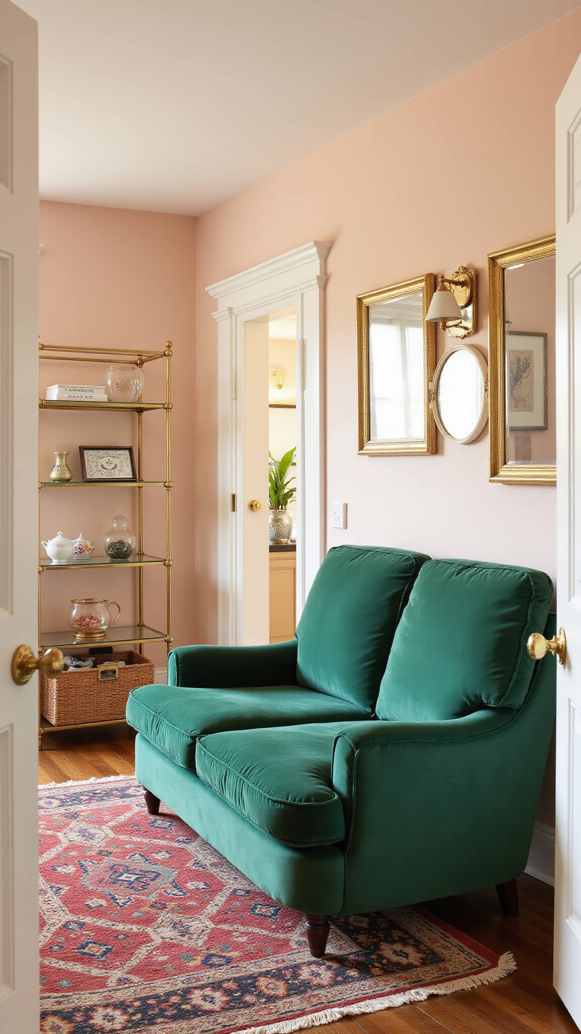 Cozy 9x11 blush pink living room with emerald green curved loveseat, brass étagère, Moroccan rug, and morning golden hour lighting.