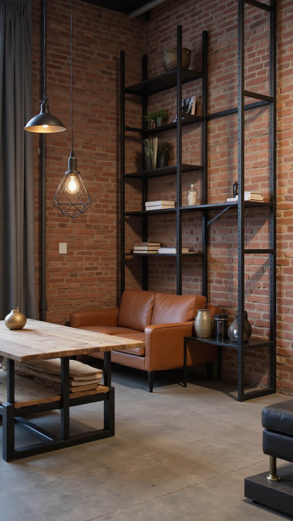 Industrial-modern 12x12 ft urban living room at dusk with exposed brick wall, cognac leather sectional, black metal shelving with LED lights, geometric pendant light, and polished concrete floors.