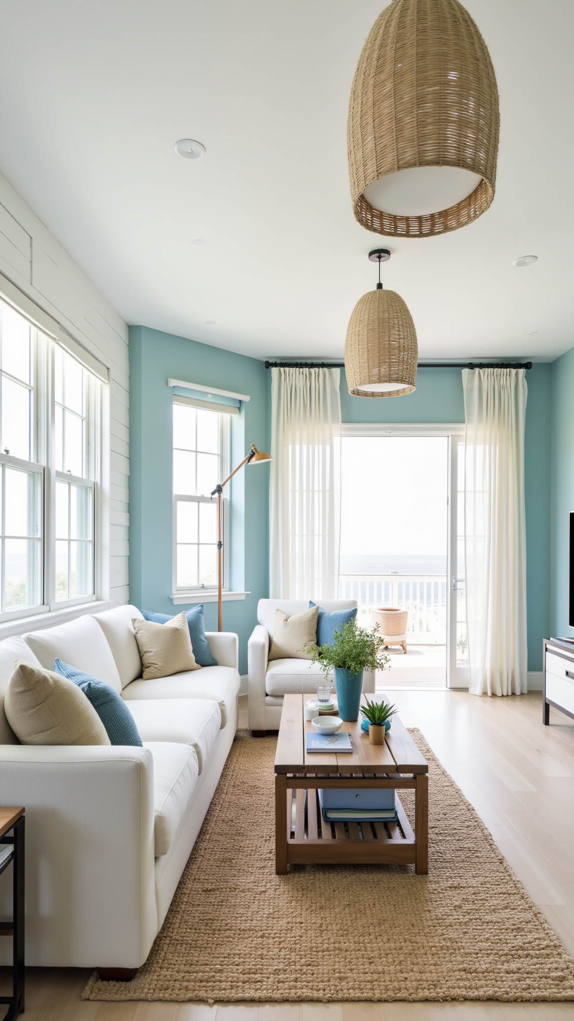 Coastal living room with ivory sofa, sea glass blue walls, white shiplap accent, jute rug on bleached wood floors, and woven pendant lighting in bright natural light.