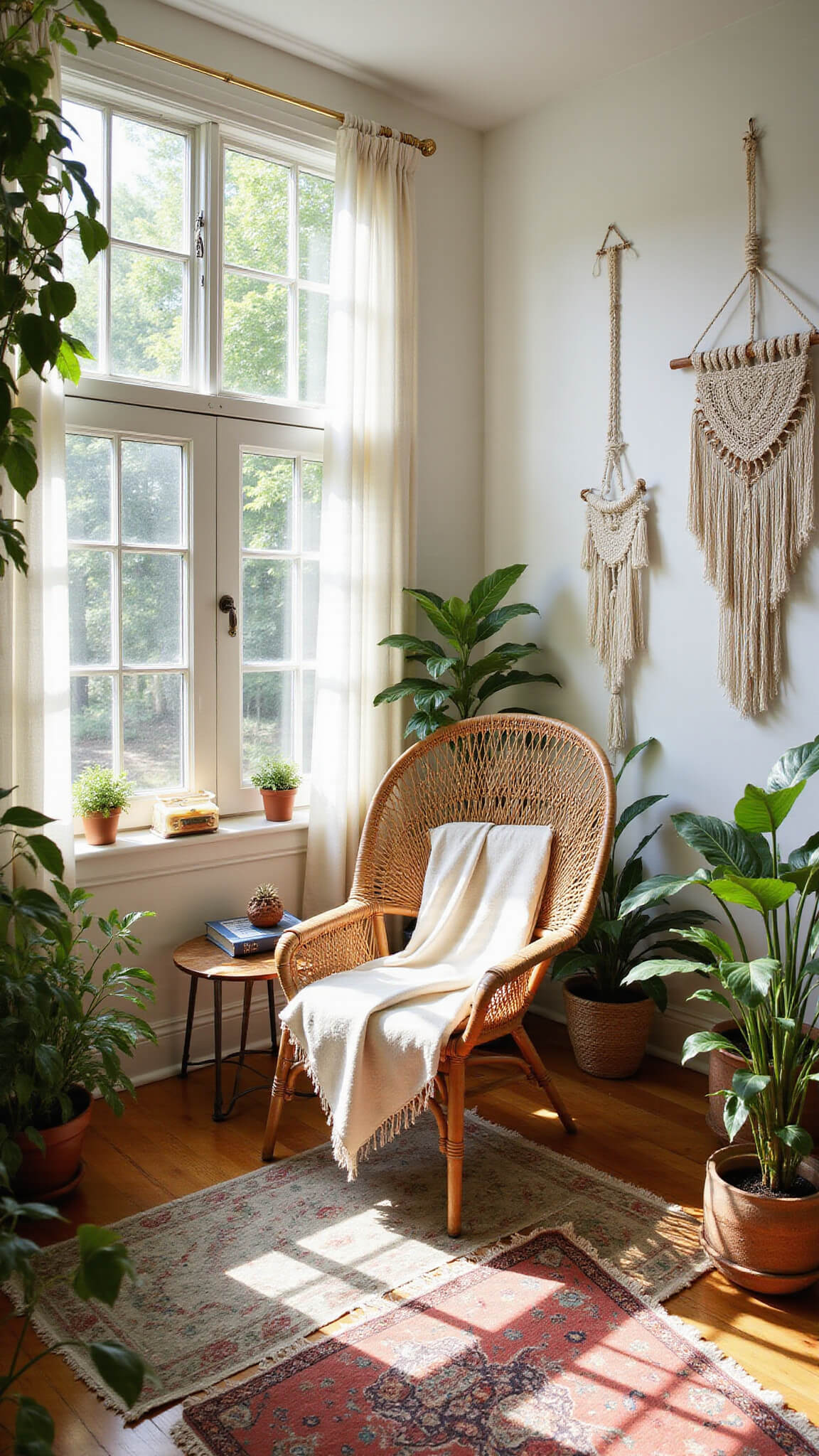 Boho sunroom with rattan peacock chair, layered vintage rugs, lush plants, and soft natural light through sheer curtains.