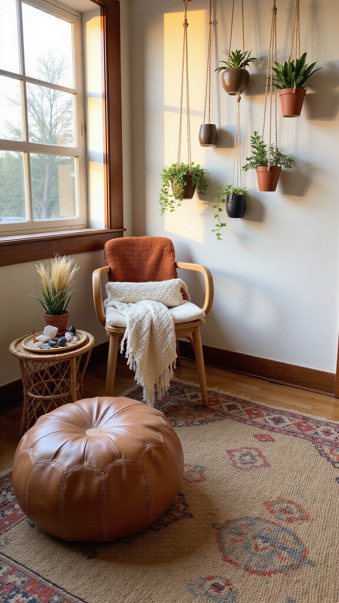 Cozy sunroom corner with leather pouf, jute cushion on vintage rug, macramé plant hangers, chunky knit throws, and rattan table with crystals and pampas grass.