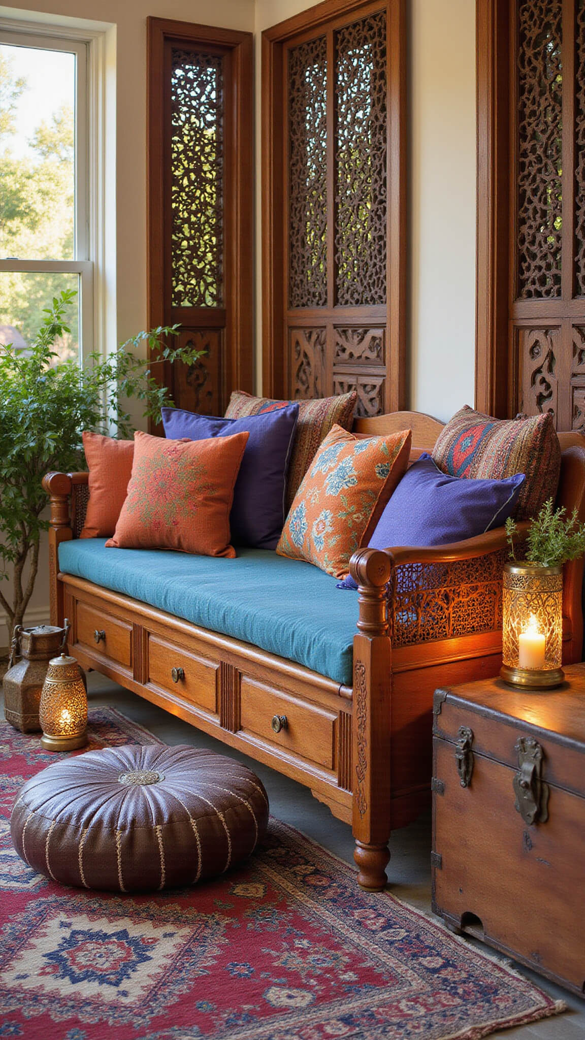 Sunroom with carved wooden daybed, indigo cushions, colorful kilim pillows, brass lanterns, and Moroccan decor in golden hour lighting.