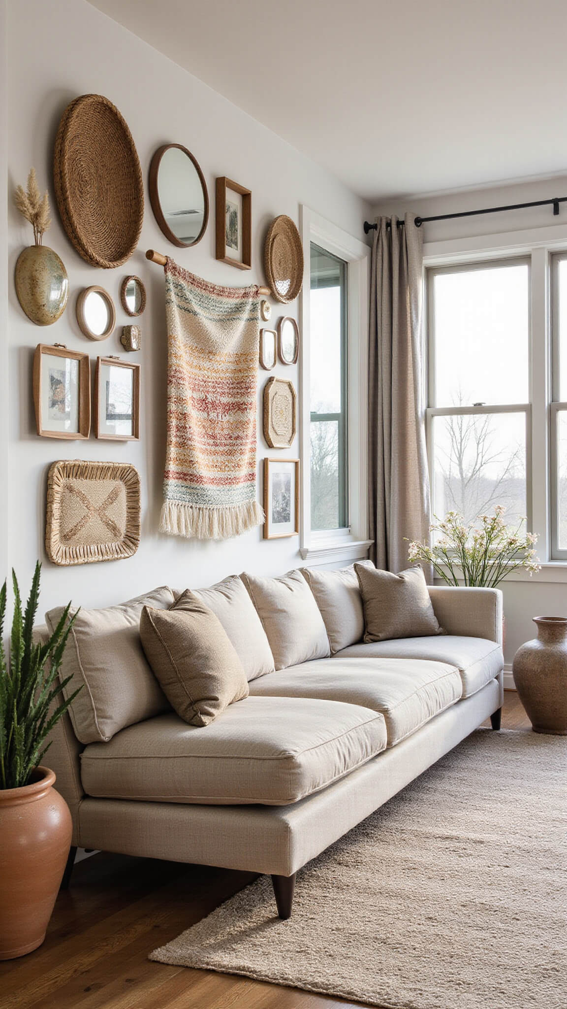 Bohemian-style sunroom with vintage mirrors, abstract earth-tone art, and linen seating bathed in morning light.