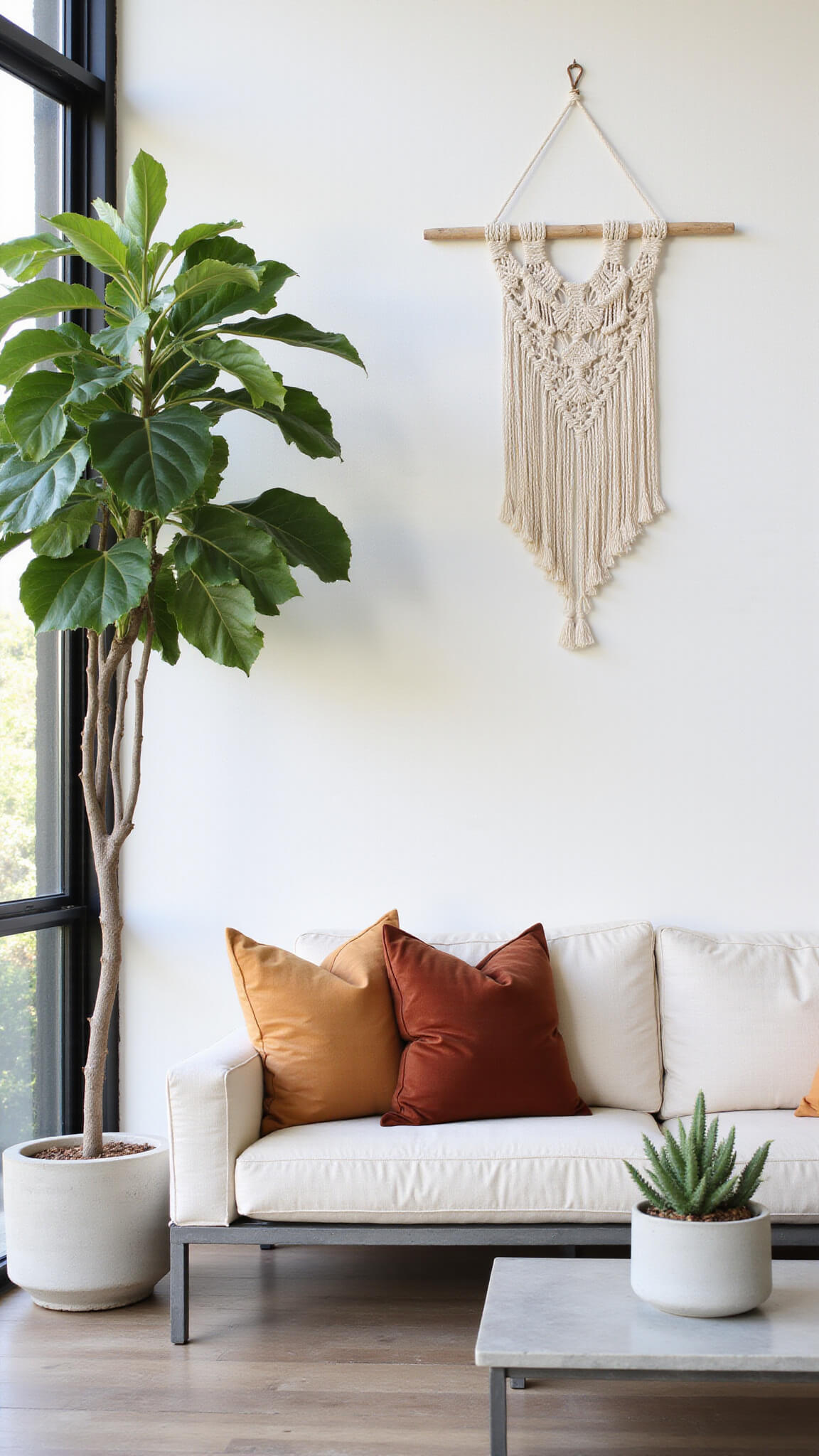 Minimalist boho sunroom with whitewashed walls, black steel windows, fiddle leaf fig tree, low linen sofa with rust and cream pillows, macramé wall hanging, and concrete planter with cactus.