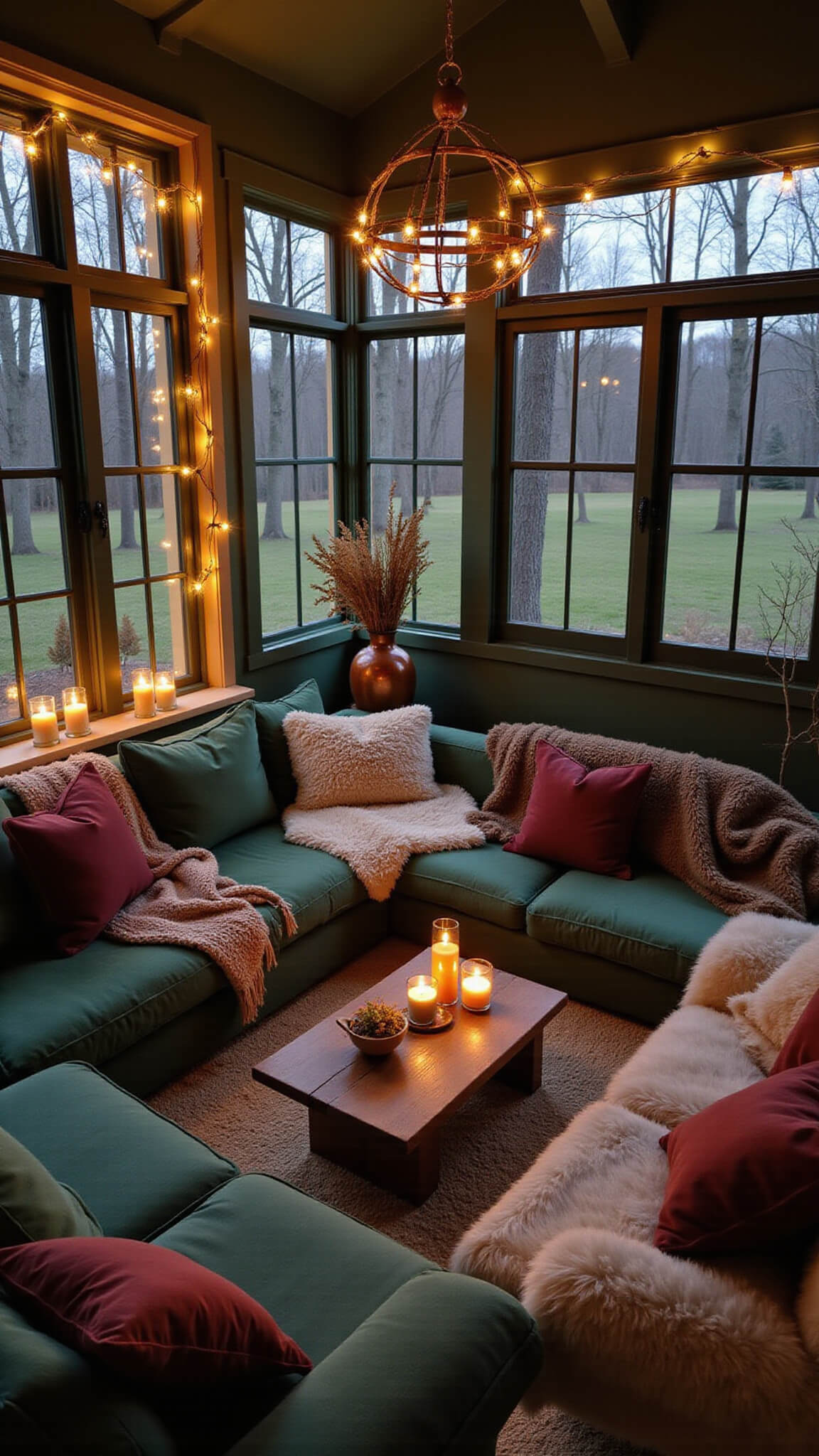 Cozy winter boho sunroom with velvet floor cushions, chunky knit pillows, and warm LED lighting in a hygge ambiance.