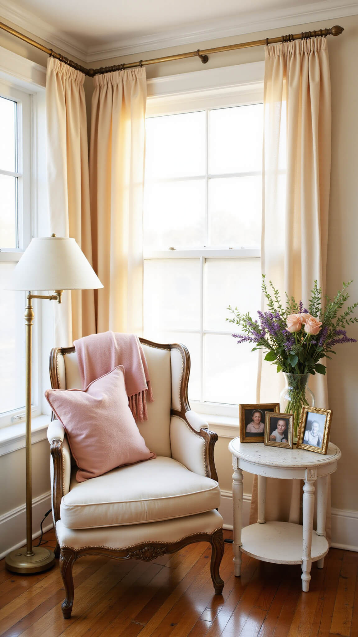 Golden hour light bathes a cozy living room corner with a vintage cream armchair, blush pink throw, brass floor lamp, and a floral-topped side table framed by soft tulle curtains and herringbone floors.