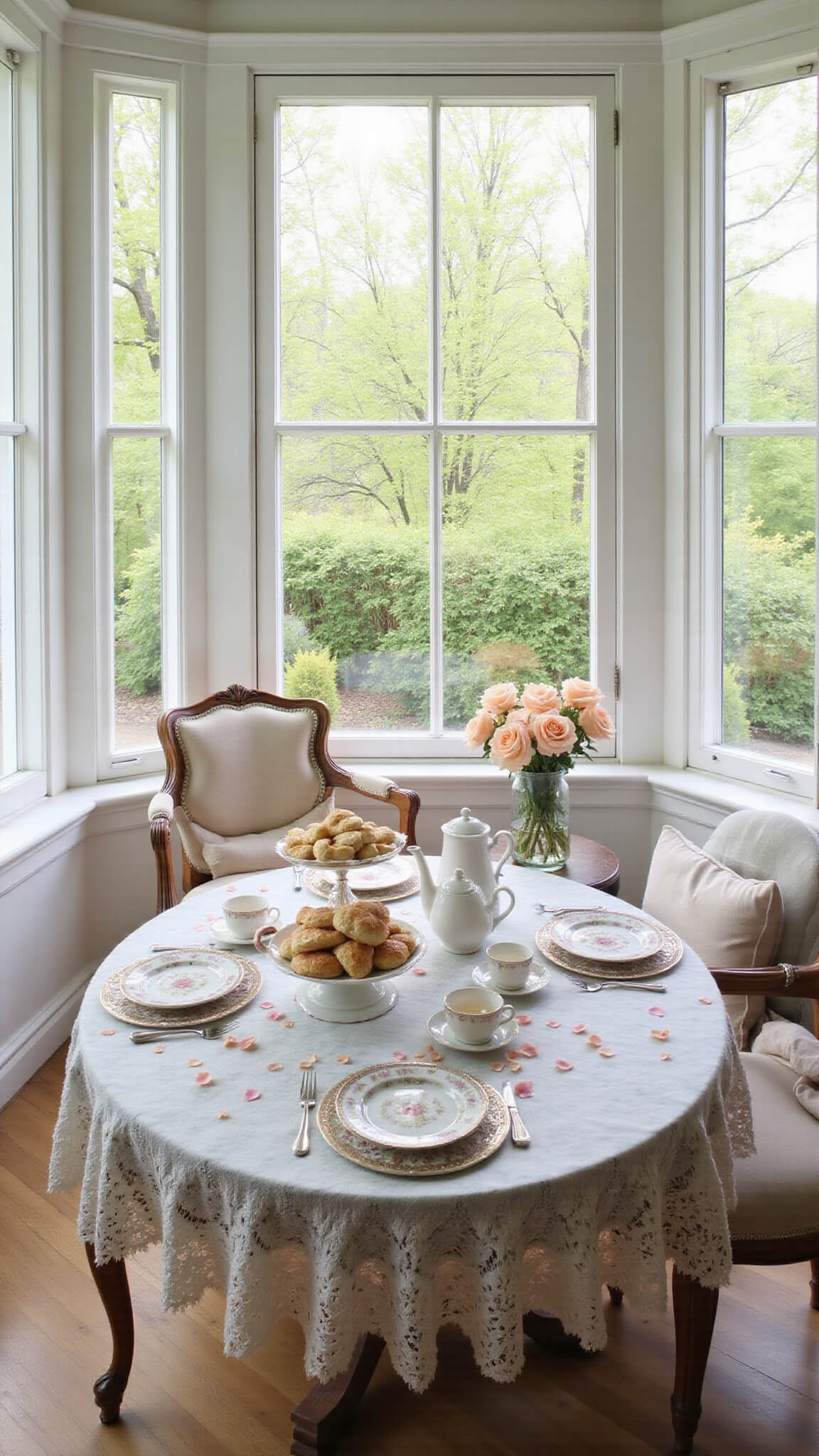 Elegant Mother's Day breakfast nook with marble table set for tea, bone china, scones, roses, and lace cloth in sunlit room.