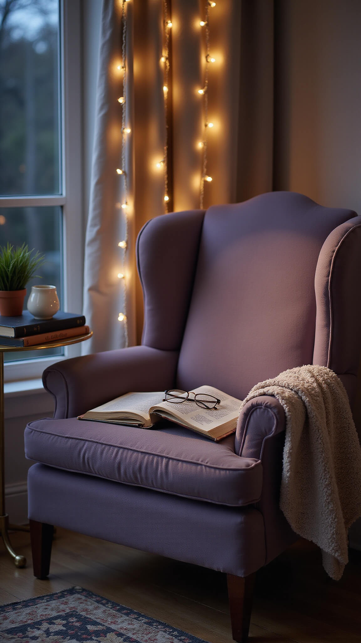 Cozy 8x10ft reading nook at dusk with a dusty lavender velvet wingback chair under fairy lights, a brass side table holding vintage books, glasses, and a teacup, and a handmade quilt draped over the chair’s arm, viewed from ground level for a dramatic, intimate feel.