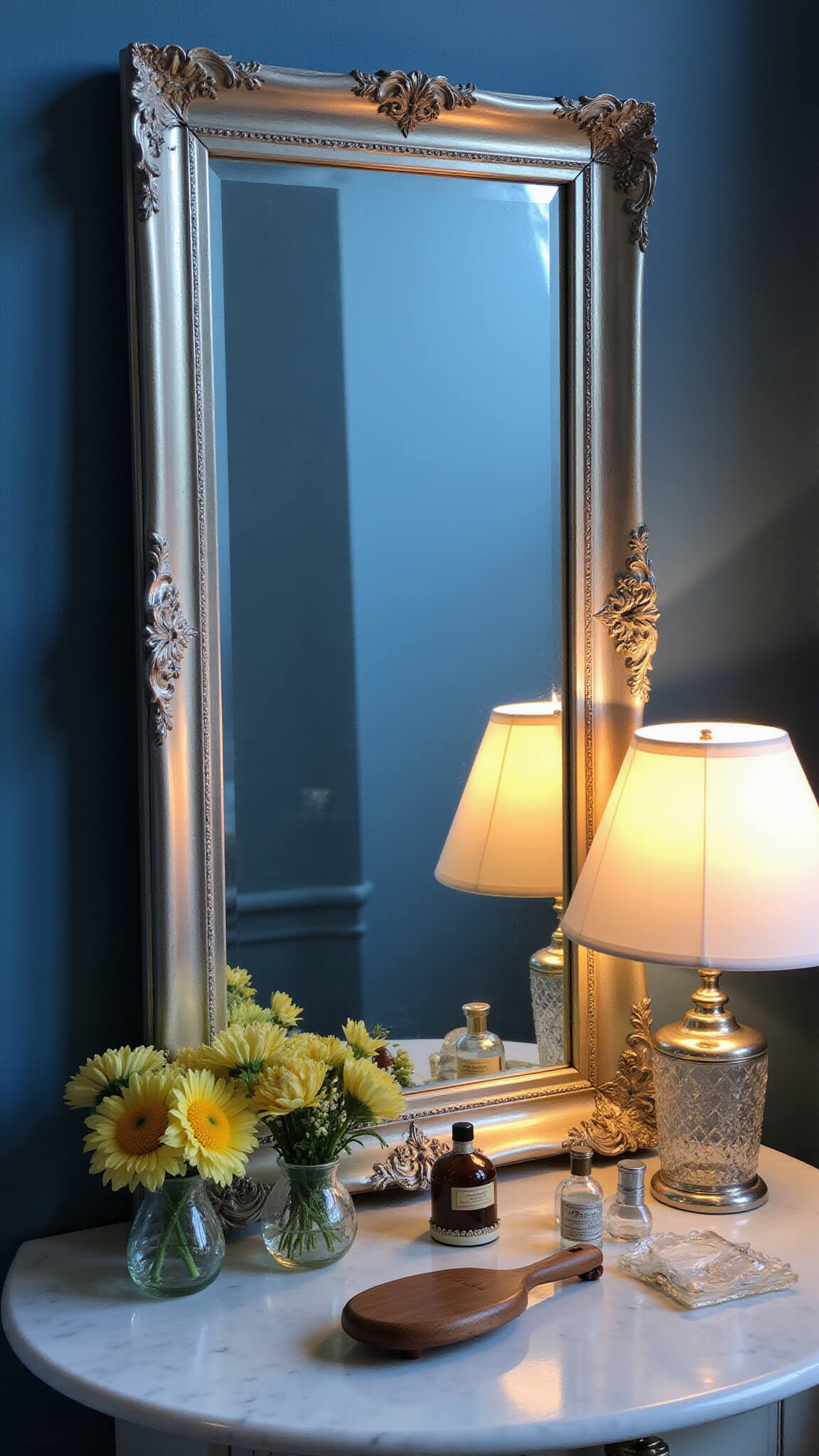 Vintage 6x8ft vanity with 1920s mirror, marble top adorned with perfume bottles, silver brushes, crystal vases of flowers, softly lit by fabric lamp during blue hour.