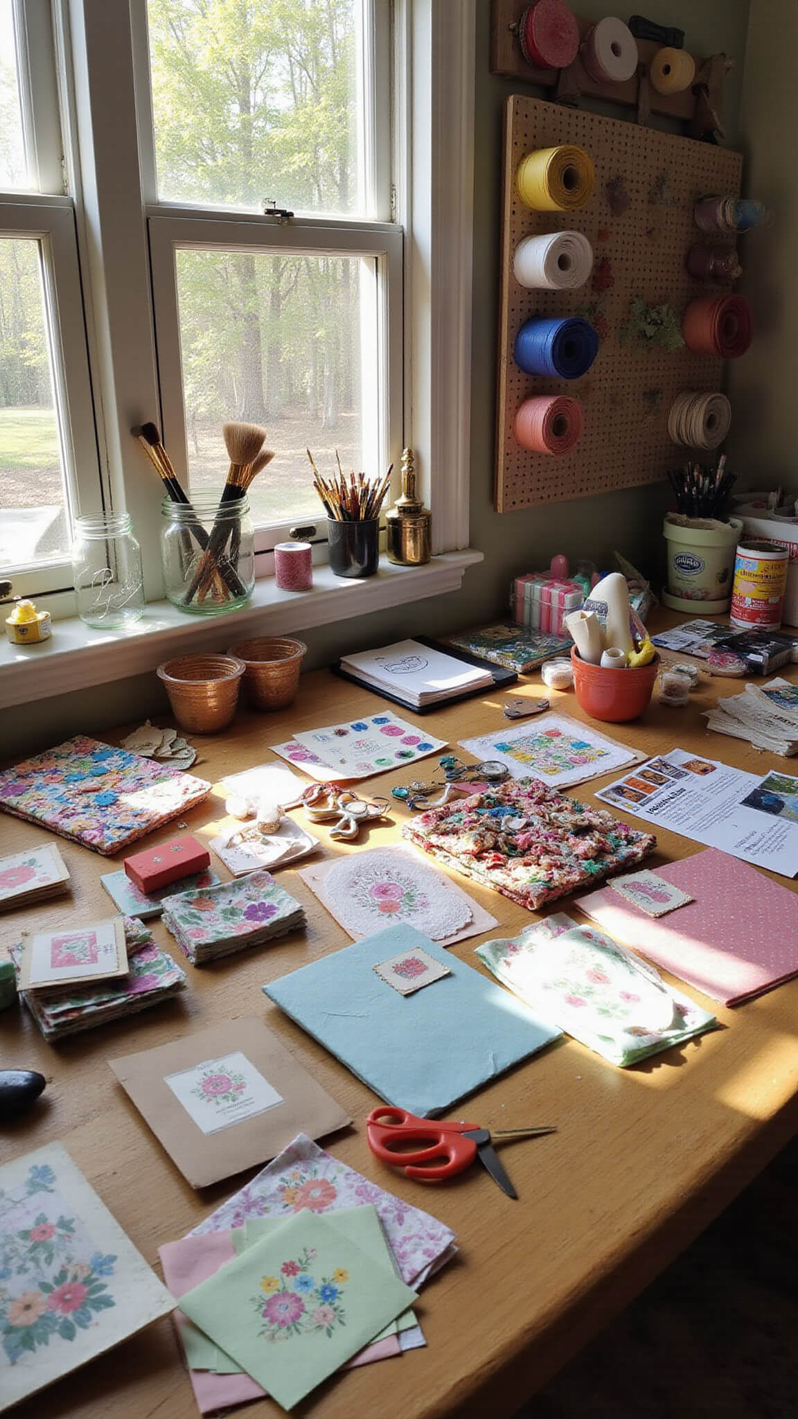 Overhead view of a sunlit 10x12ft craft room with a wooden farmhouse table cluttered with fabric scraps, handmade cards, and craft supplies, surrounded by mason jars of paintbrushes and vintage scissors, and a pegboard wall neatly displaying rainbow-colored ribbon spools.