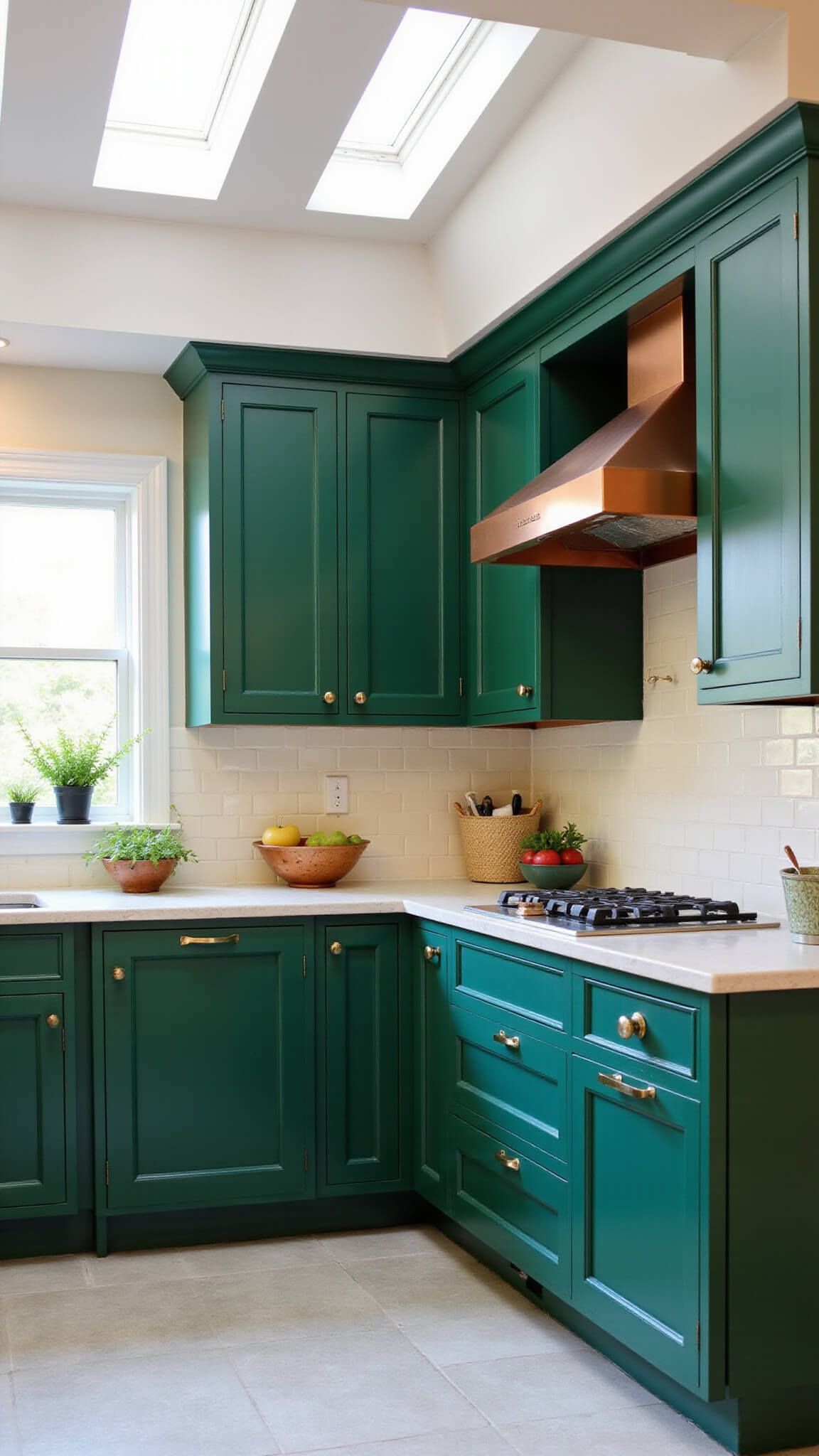 14x14ft kitchen with matte emerald green cabinets, copper range hood, soapstone countertops, cream ceramic backsplash, and potted herbs on windowsill under skylights.