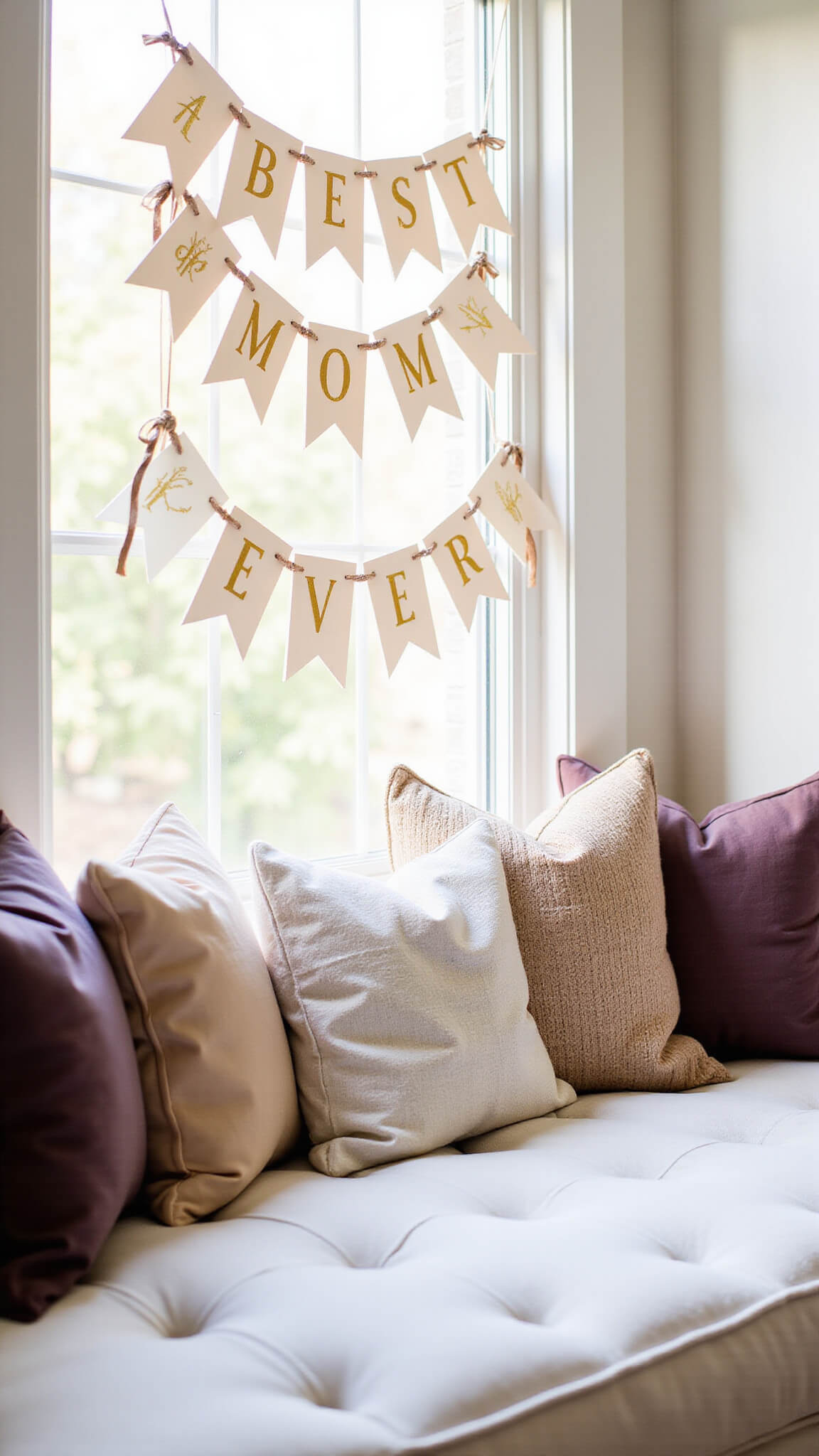 Sunlit breakfast nook with 'Best Mom Ever' gold banner above a white-cushioned window seat, adorned with mauve and champagne textured throw pillows.