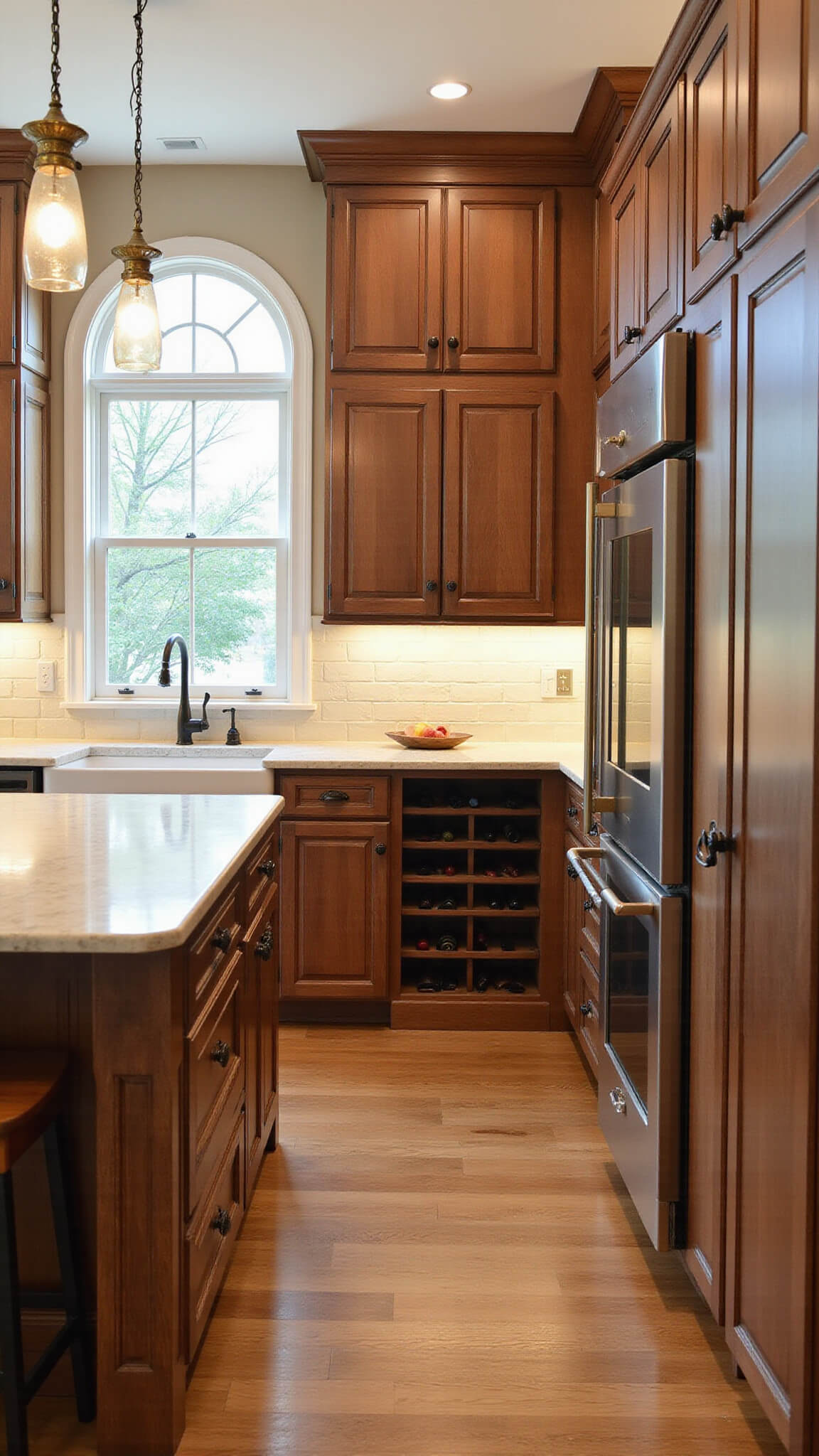 Traditional dark walnut kitchen with raised panel cabinets, crema marble counters, antique brass pendants, ceramic tile backsplash, and built-in glass wine storage, lit by soft morning light through arched windows.