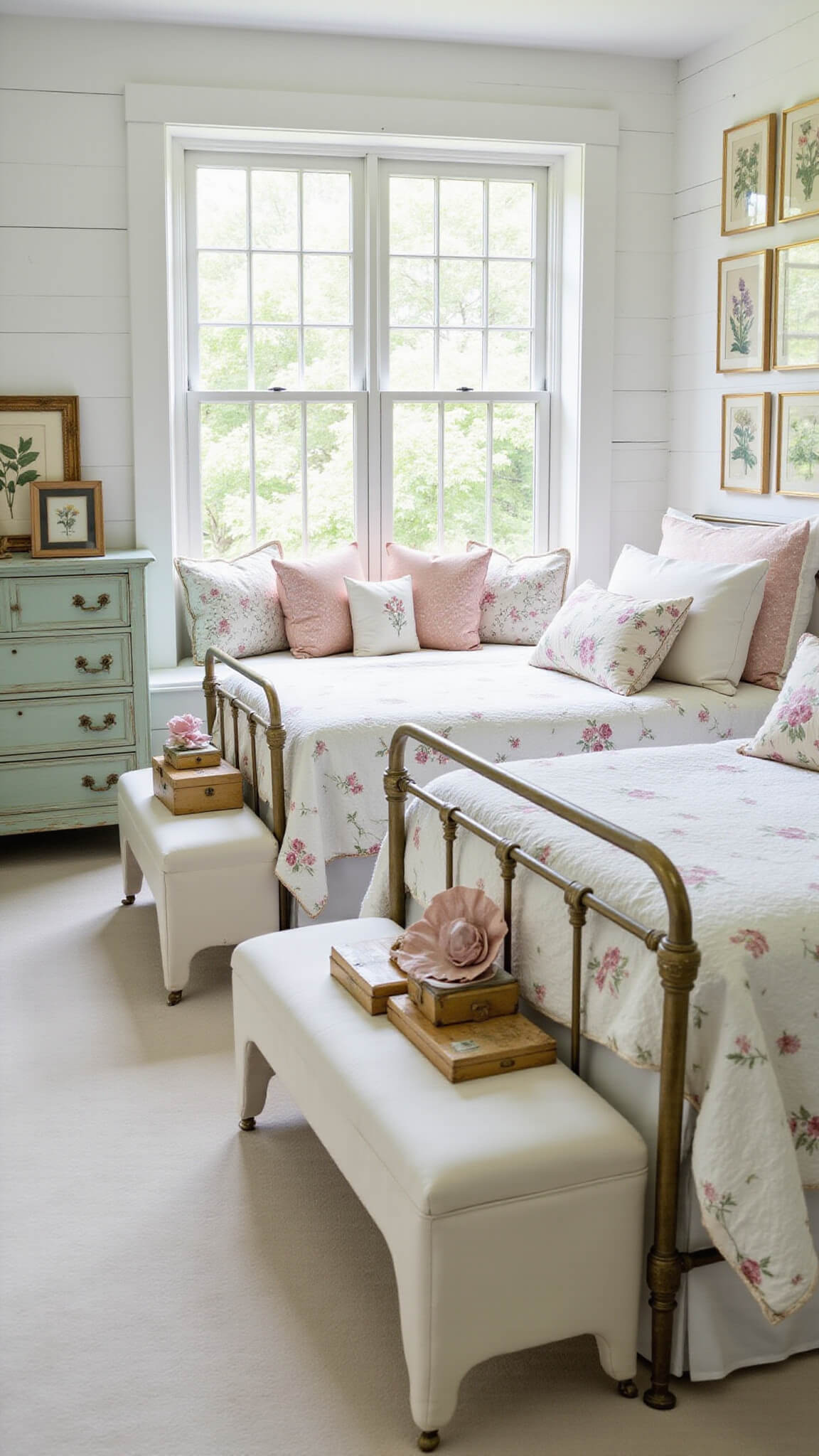 Romantic cottage garden bedroom with twin brass beds, floral quilts, mint green dresser, and sunlit window seat.