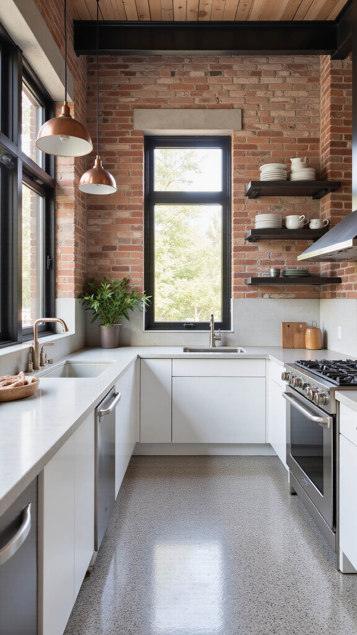 Urban loft kitchen with exposed brick, steel beams, white cabinets, and terrazzo flooring under mid-afternoon natural light.