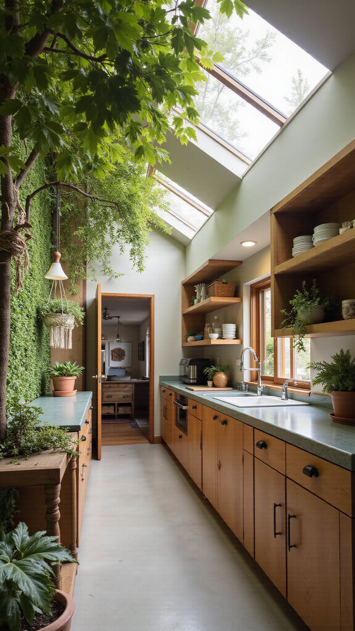 Eco-modern kitchen with reclaimed wood cabinets, living wall, recycled glass countertops, and bamboo shelves, softly lit by skylights and framed by foreground foliage.