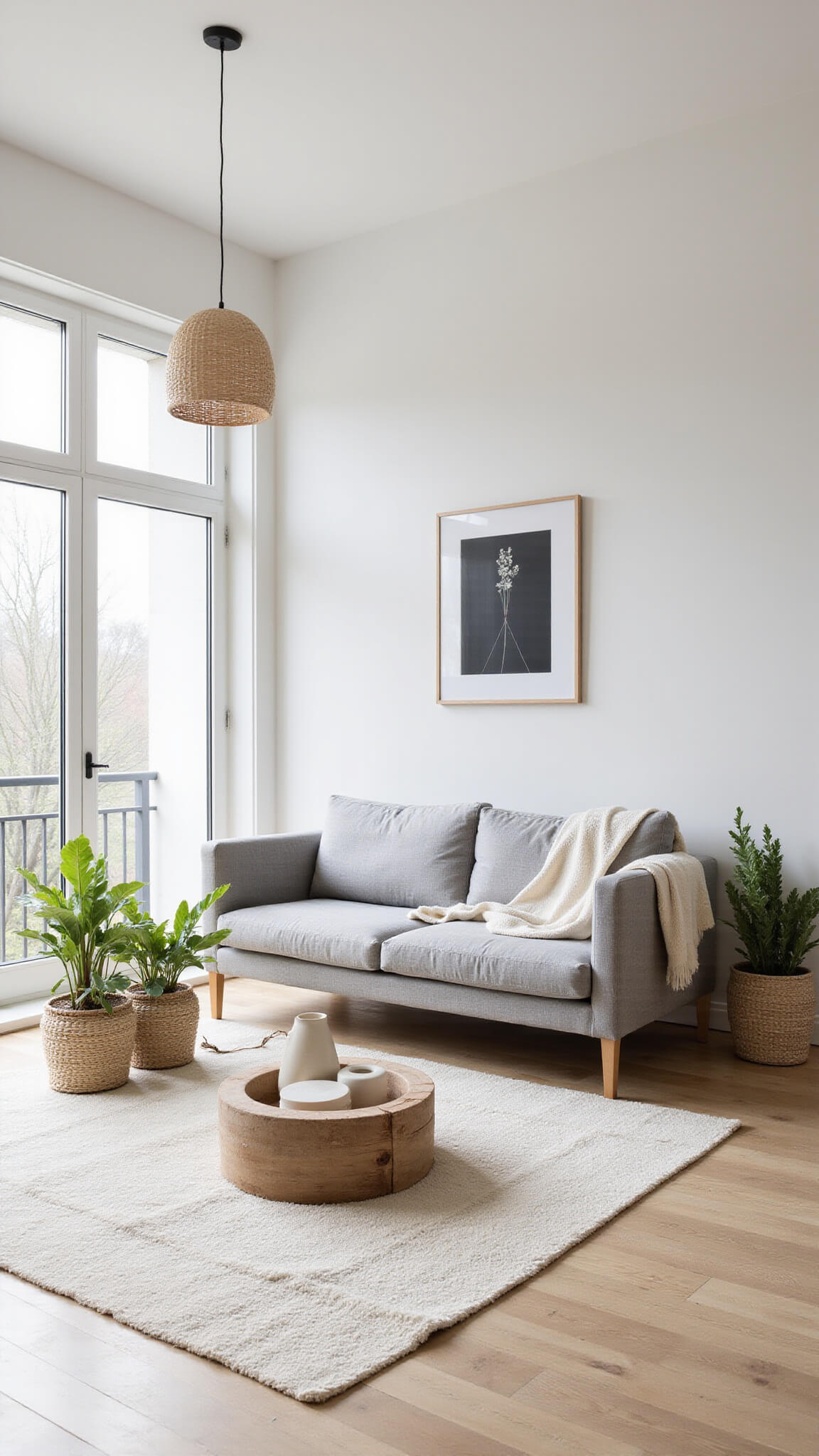 Minimalist sunlit living room with gray linen sofa, oak coffee table, white walls, and natural textures in serene, airy setting.
