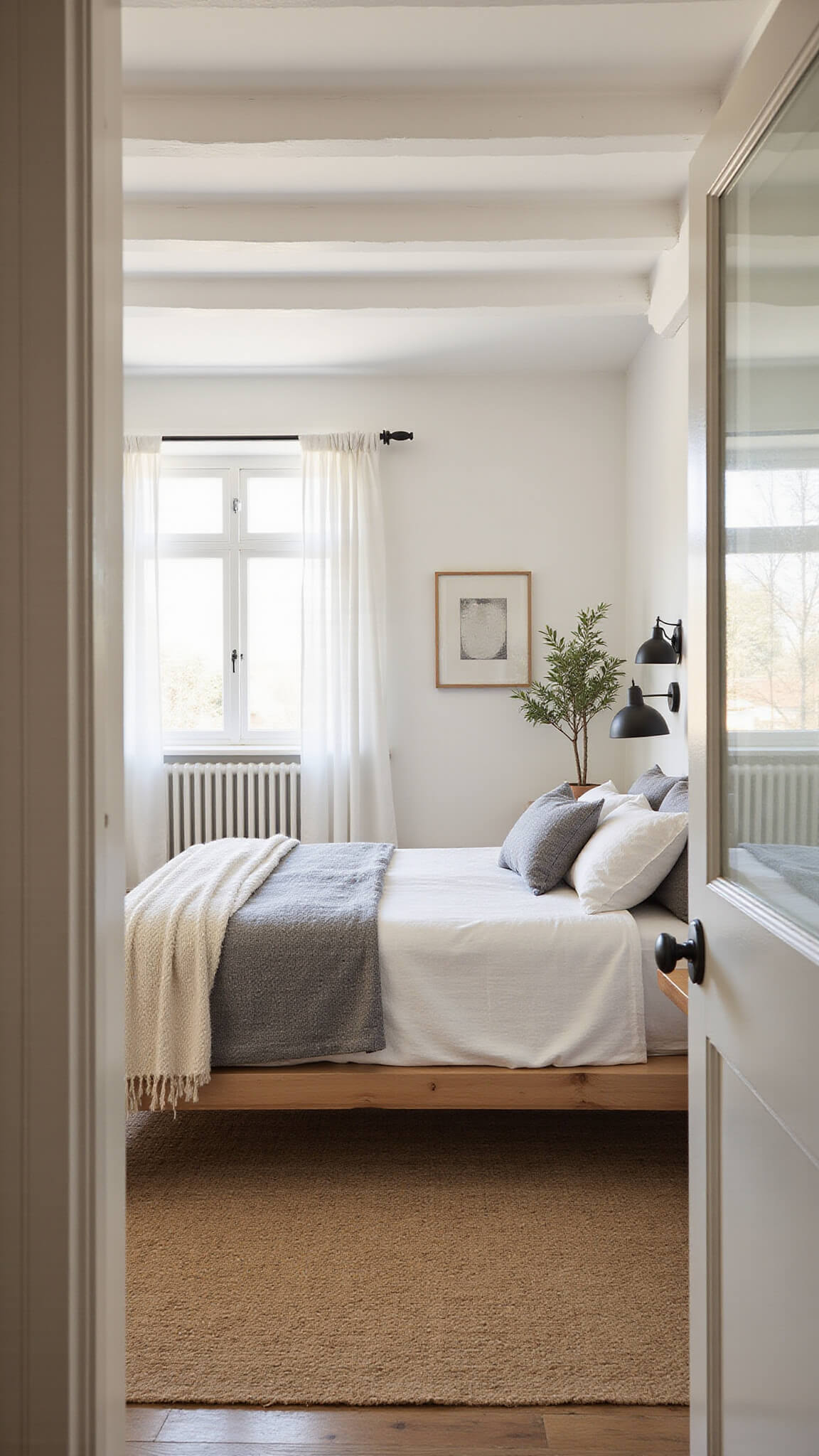 Scandinavian-style bedroom with white beams, fog gray linens, mohair throws, and olive tree, bathed in warm golden hour light.