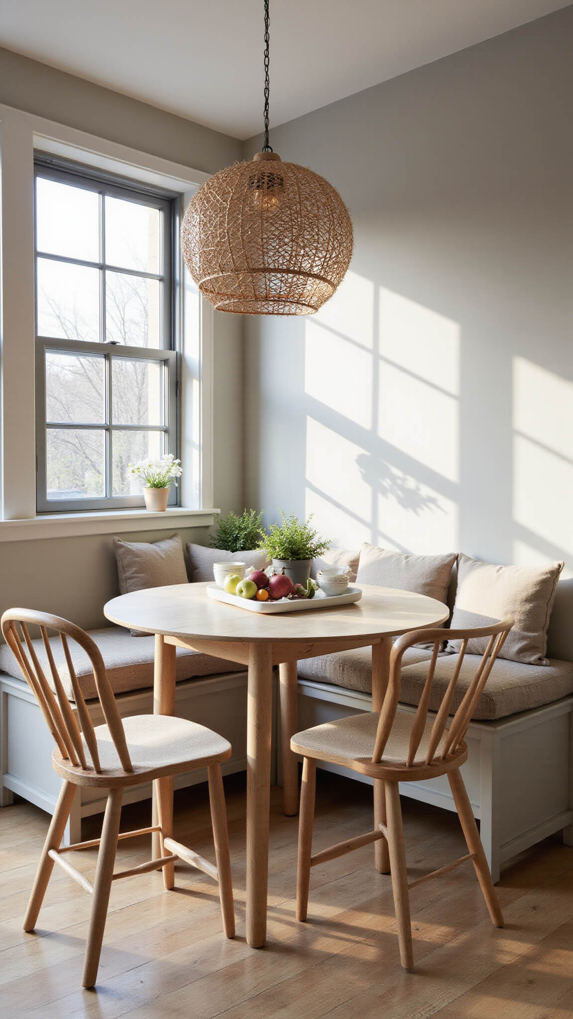 Cozy 12x12ft hygge-style dining nook with built-in bench, round white oak table, wishbone chairs, and warm morning light filtering through gridded windows.